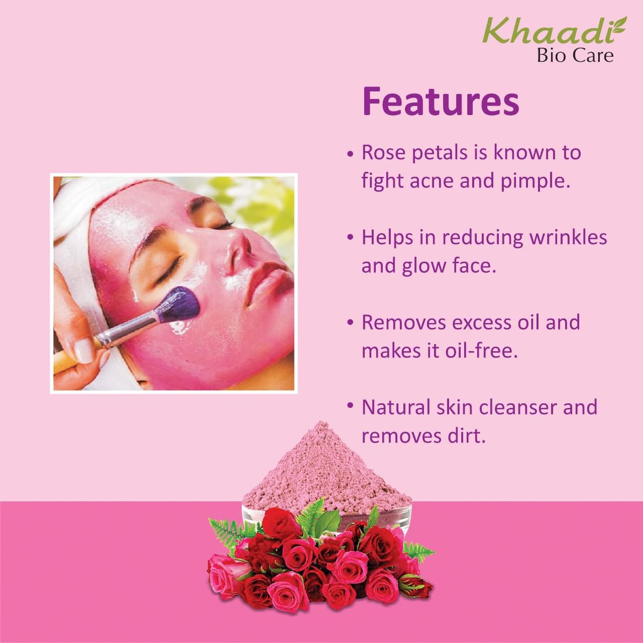Khaadi BioCare Rose Petals Powder (Rosa Indica) for Skin Care - Vitamin A & C Enriched, Promotes Collagen Production & Skin Cell Renewal for Glowing Healthy Skin - 2 Pack (100g Each) Total 200g - Perfect for DIY Face Masks, Serums & Natural Skincare Routines