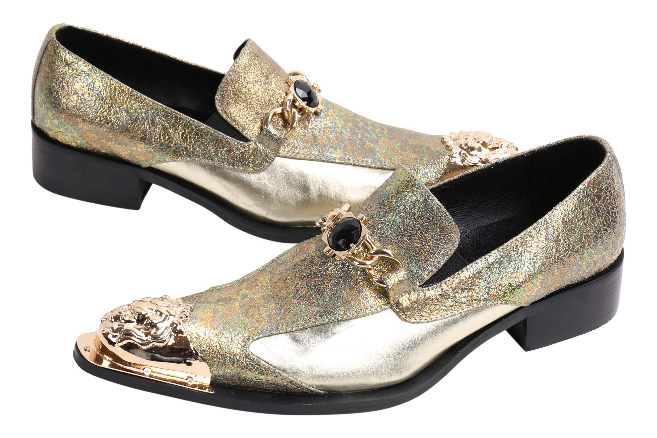 Santimon Men's Western Dress Loafers - Pointed Toe Leather Shoes with Rhinestone Buckle & Metal Tip | Formal & Casual Wear for Office, Parties & Special Occasions