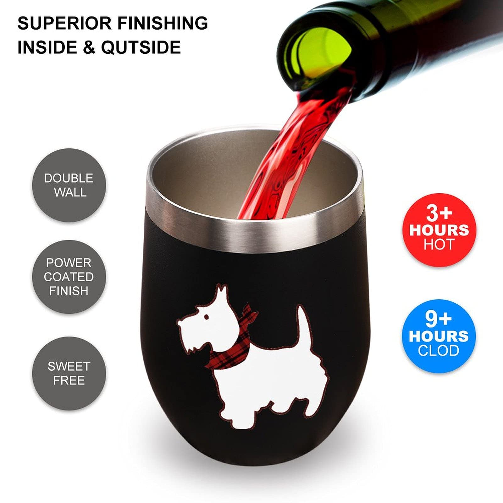 Scottie Dog Vacuum Insulated Stainless Steel Wine Tumbler with Lid - 12oz Stemless Travel Cup for Coffee, Wine & Cold Drinks - Perfect for Picnics, Camping & Office Use (Black, One Size)