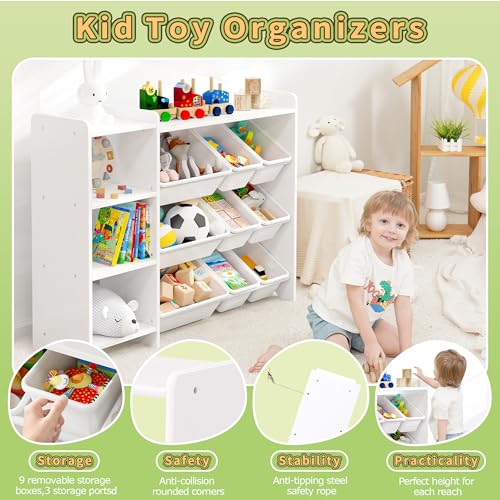 MallBest 4-Tier Kids Toy Storage Organizer Shelf - 100% Solid Wood Children's Storage Cabinet with 9 Plastic Bins & 3 Storage Ports (White) - Perfect for Nursery, Playroom & Bedroom Organization