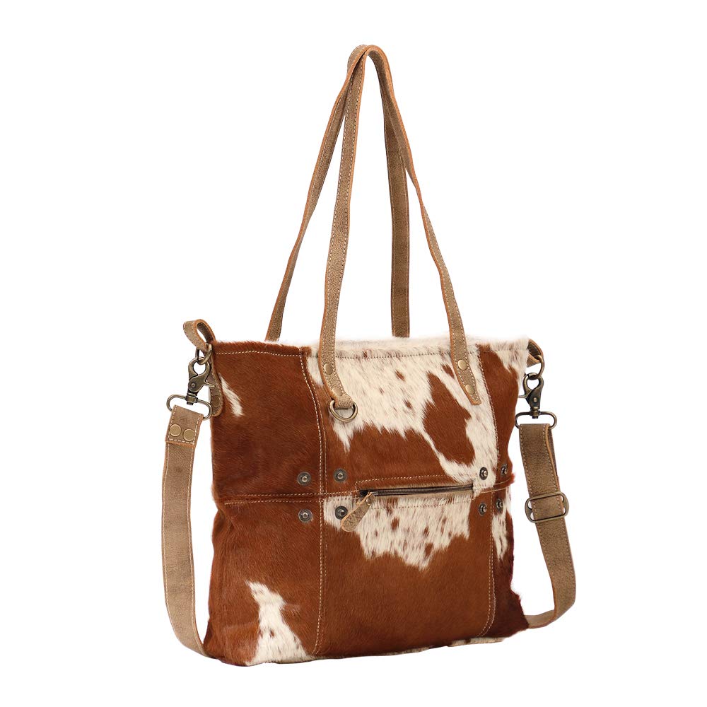 Myra Bag Camel Upcycled Canvas & Cowhide Tote Bag S-1465 - Eco-Friendly Fashion Accessory for Work, Travel & Everyday Use