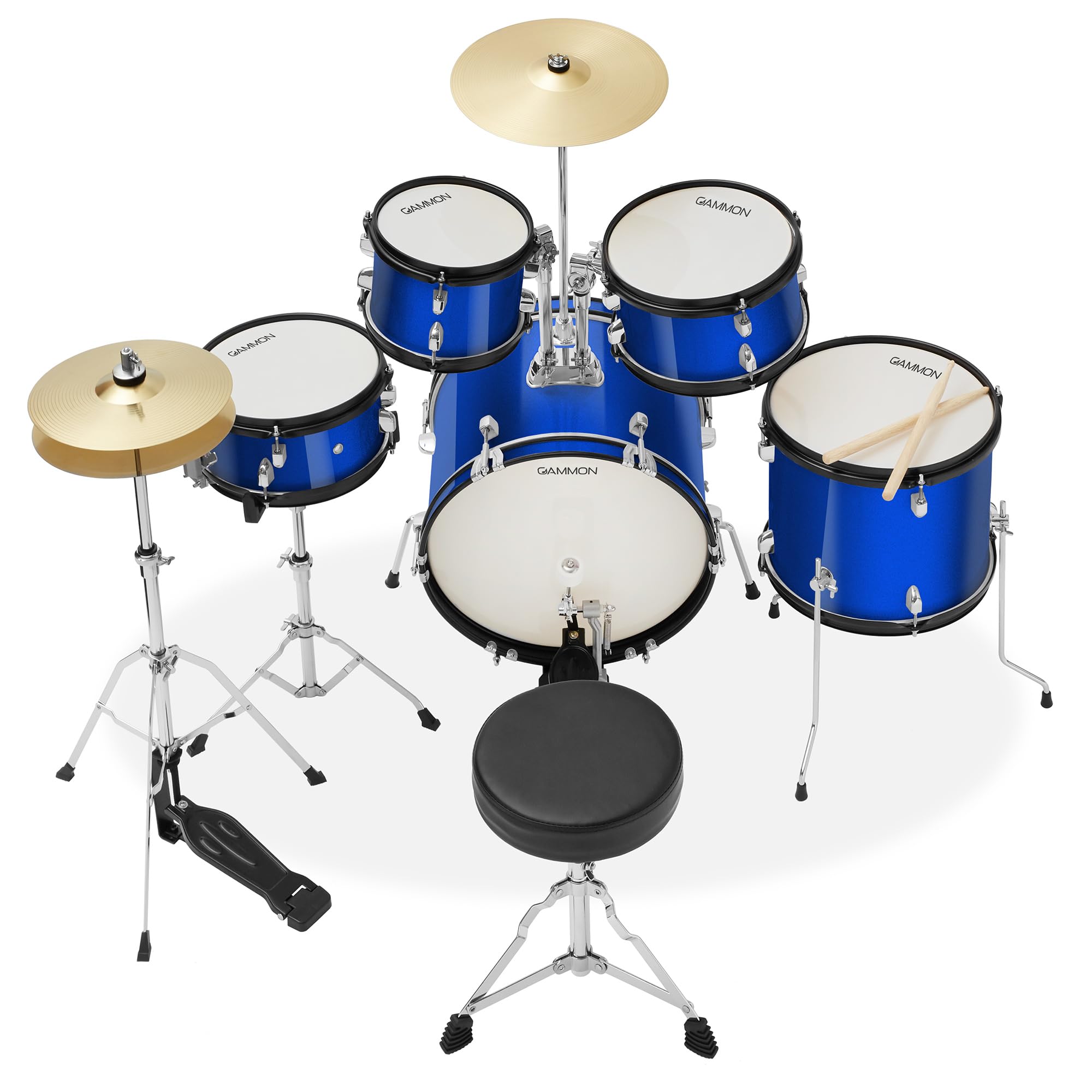 5-Piece Junior Starter Drum Kit with Cymbals, Hardware, Drum Sticks & Throne - Blue | Complete Kids Drum Set for Beginners | Perfect for Home Practice, Music Lessons & Birthday Gifts