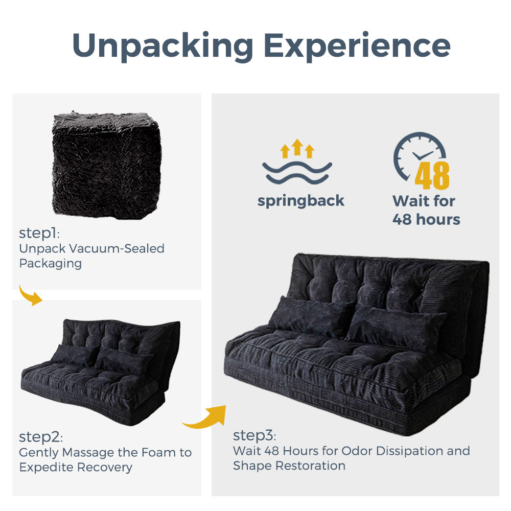 MAXYOYO Tufted Foldable Bean Bag Sofa Bed with Pillows - Black Floor Couch for Living Room, Bedroom & Dorm | Comfortable Lounge Chair for Relaxing, Reading & Gaming