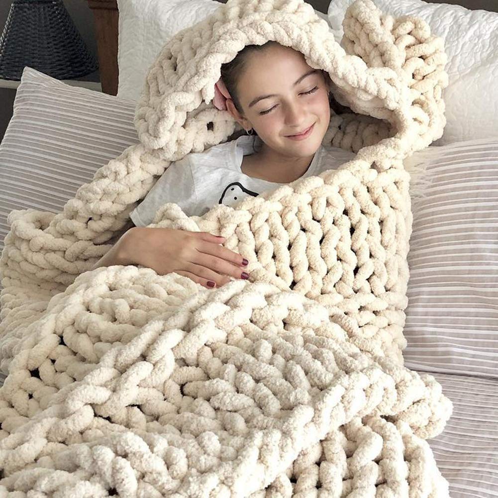 Chunky Knit Blanket - Soft Cozy Giant Chenille Handwoven Throw for Sofa & Bed - Machine Washable Beige Blanket 40