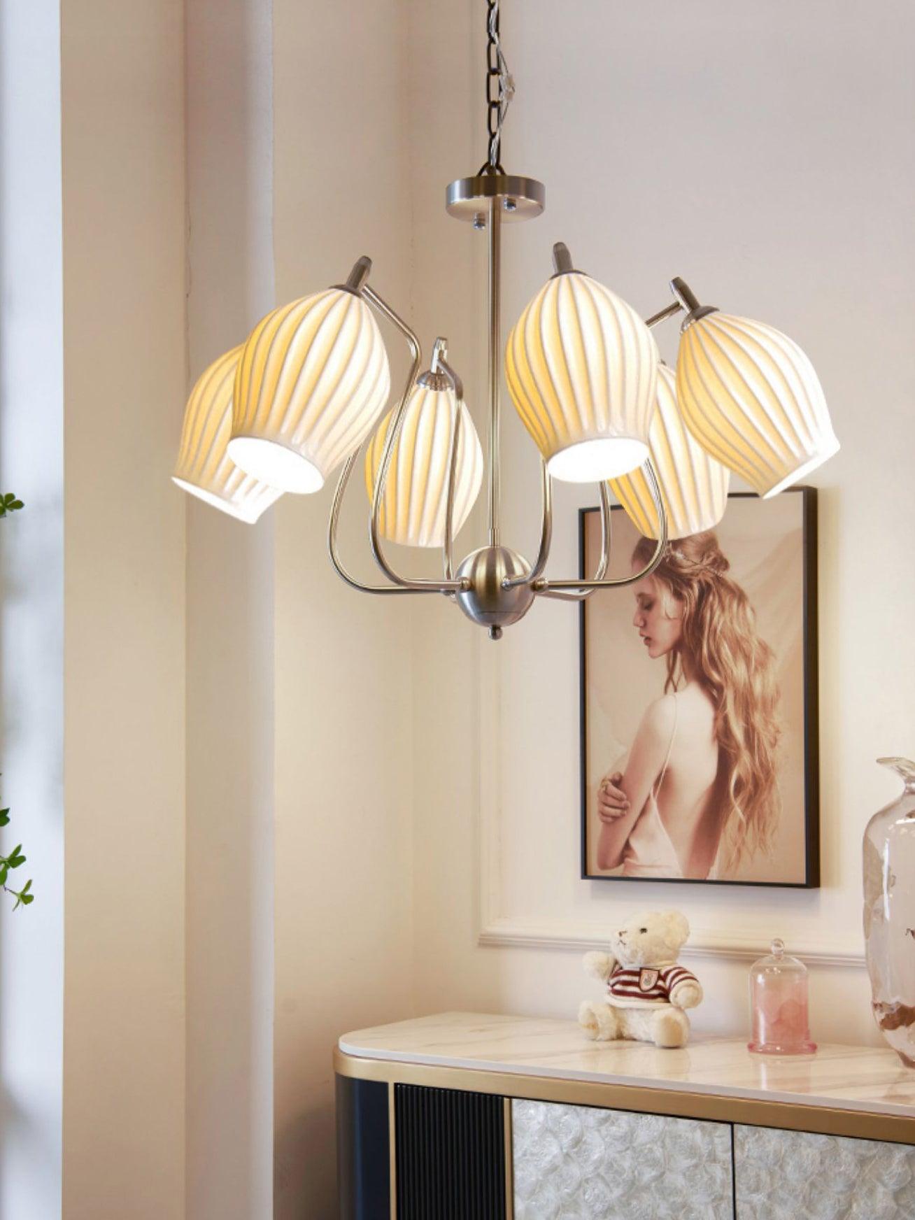 Elegant Ceramic Ribbed Chandelier - Modern Farmhouse Lighting Fixture for Dining Room, Living Room & Bedroom Ceiling Decor