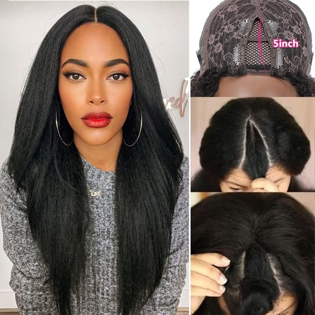 Beauty Forever 10A Grade Human Hair V Part Wig - Kinky Straight Glueless U Part Wigs for Women | 150% Density, No Leave Out, Beginner Friendly with Clips | Natural Color 18 Inch | Perfect for Daily Wear, Special Occasions & Protective Styling