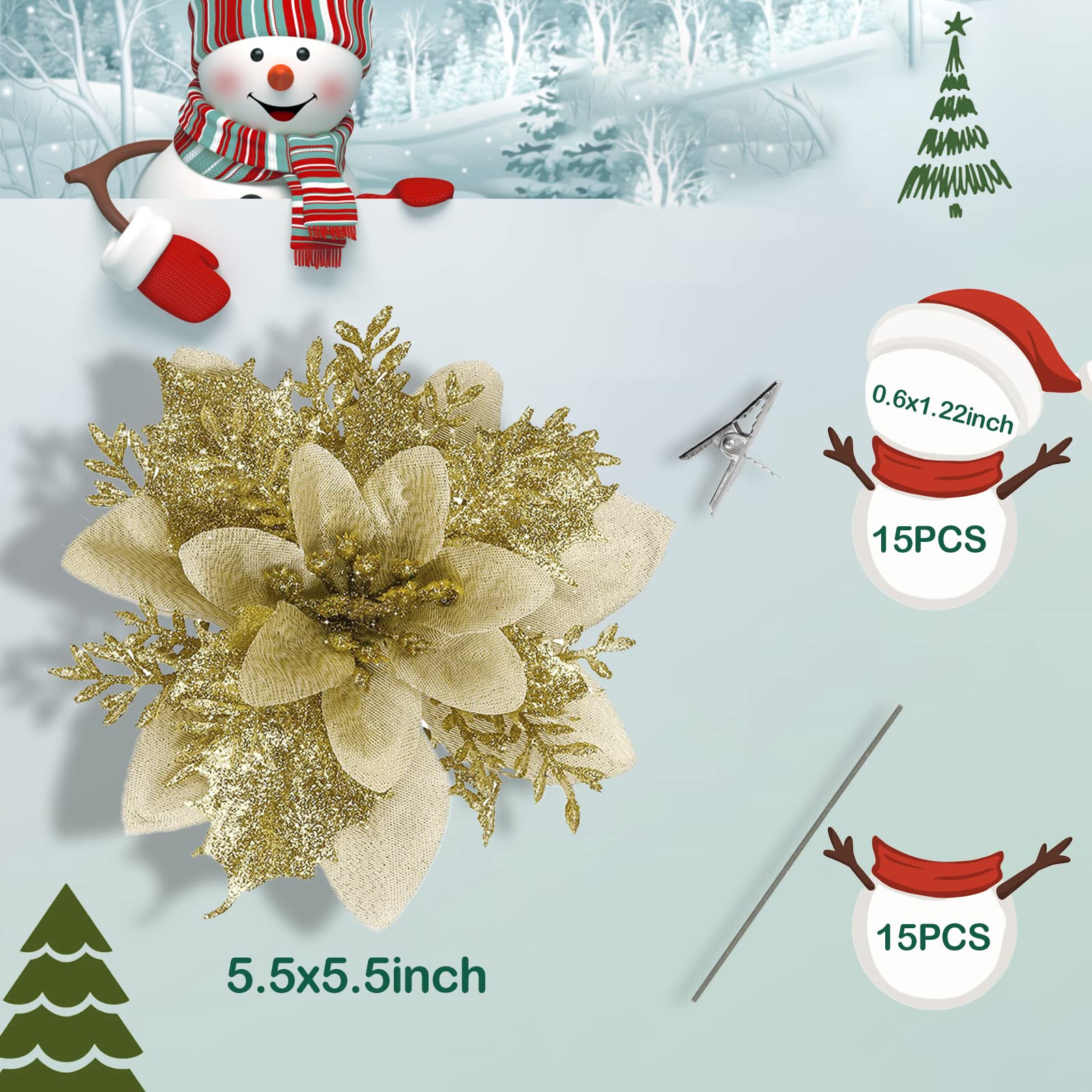 15 Pcs 6.3 Inch Artificial Poinsettia Flowers - Glitter Gold Christmas Wreath & Tree Ornaments for Holiday Home Decor, Party, Fireplace, and Festive DIY Crafts