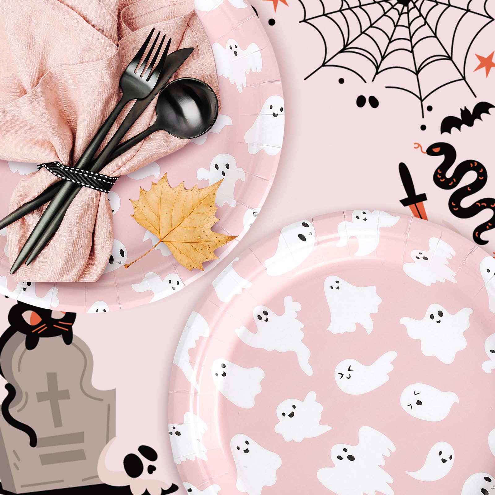 Whaline 40Pcs Halloween Paper Plates - 9 Inch Pink Ghost Disposable Plates, Cute Cartoon Ghost Round Plates for Halloween Party, Birthday, Baby Shower, Table Decor & Party Supplies | Perfect for Spooky Decorations, Themed Events & Festive Gatherings