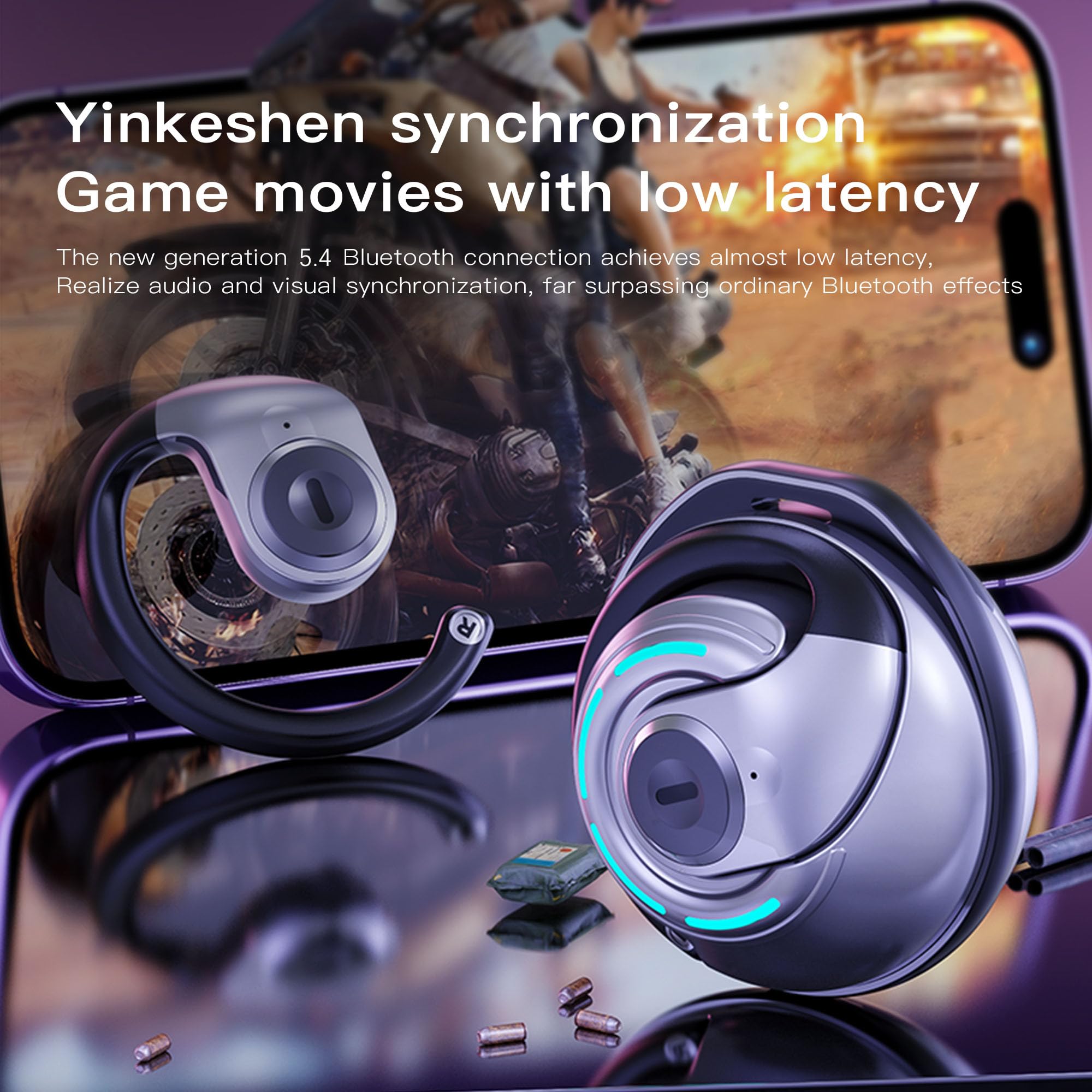 Open Ear Bluetooth 5.4 Wireless Headphones - Sports & Running Waterproof Headset with Noise Cancellation, HD Mic for Gaming & Calls - Compatible with Android/iOS (Silver) - Perfect for Workouts, Cycling & Outdoor Activities