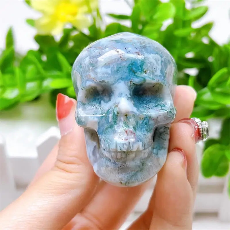 2 Inch Natural Moss Agate Skull Carving - Polished Quartz Healing Crystal Stones for Meditation, Reiki, Chakra Balancing - Home Decor, DIY Crafts, Gift Idea (1 Piece)