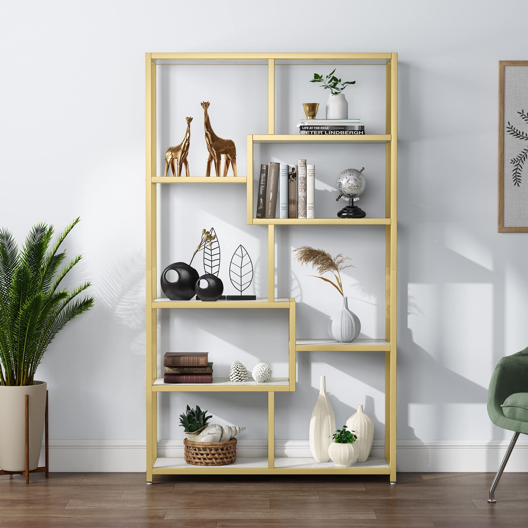 Tribesigns 8-Tier Gold Bookcase with Faux Marble - Modern Open Shelf Book Shelf for Home Office, Living Room & Bedroom - Stylish Storage Organizer for Books, Decor & Display Items