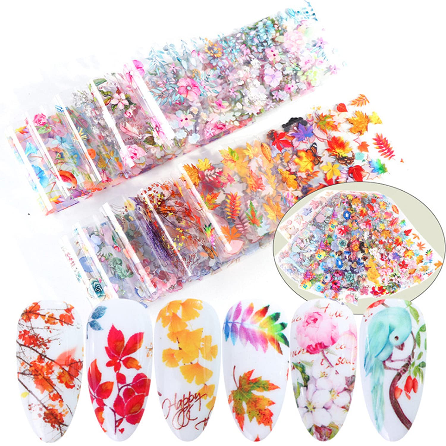 10 Sheets Foil Nail Art Stickers - Maple Leaf & Flower Nail Foils Transfer Stickers for Women, Girls | DIY Manicure Design Kit with Butterfly & Floral Decals | Perfect for Parties, Weddings & Nail Salon Use