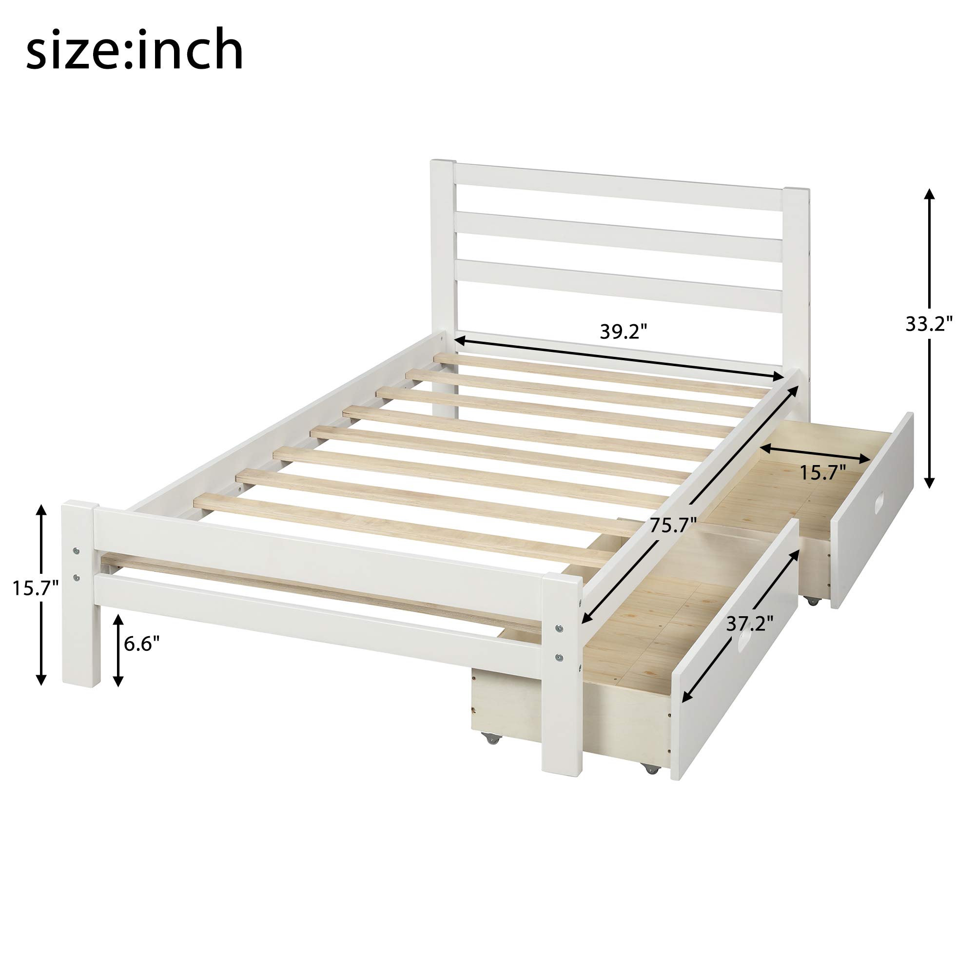 Knocbel Solid Wood Platform Bed Frame with 10 Wooden Slats & 2 Storage Drawers - No Box Spring Needed - Twin Size White Bed with Headboard & Footboard for Modern Bedrooms, Guest Rooms & Small Spaces