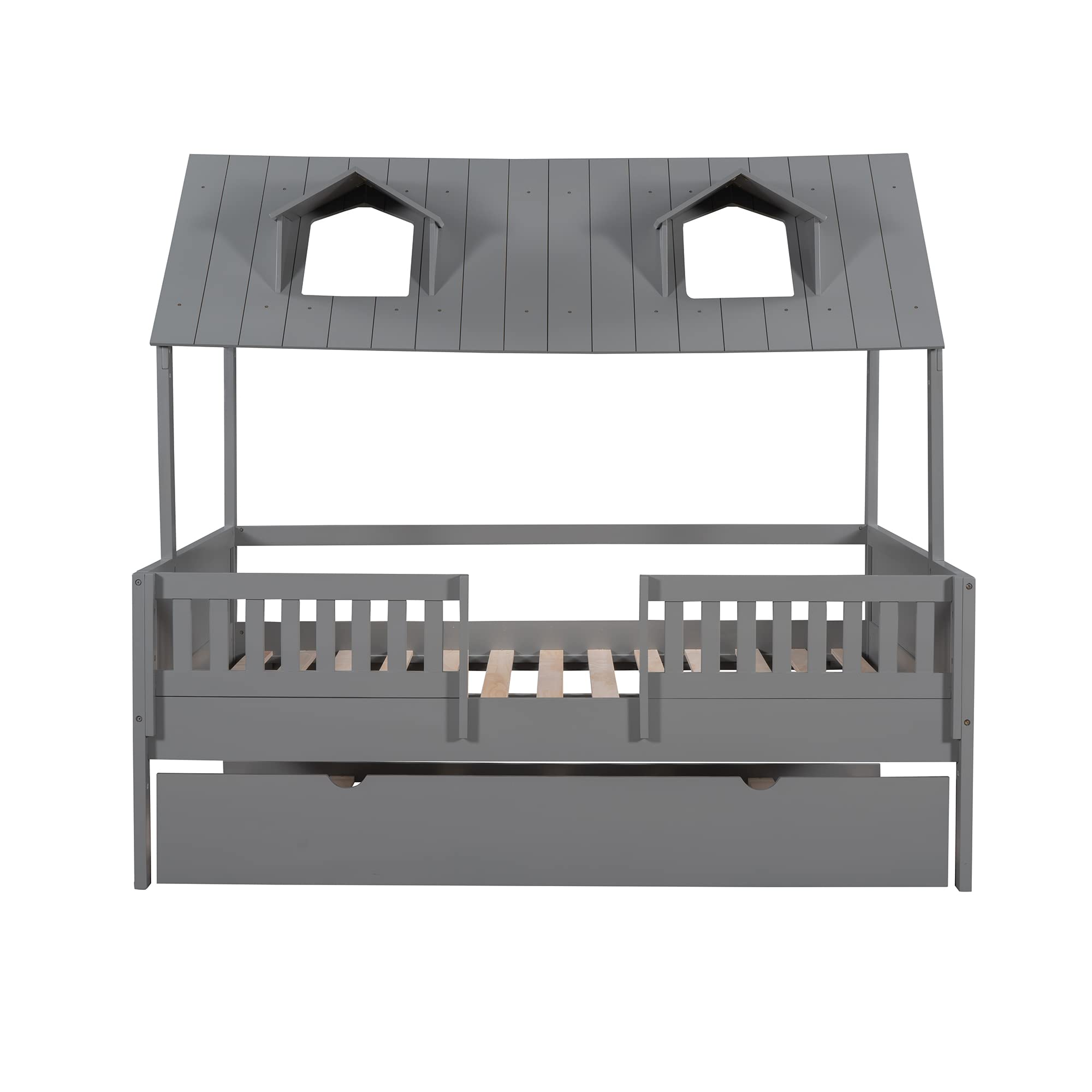 MERITLINE Full House Wooden Platform Bed Frame with Trundle and Roof - Gray Twin/Full Size Kids Bed for Boys & Girls | Perfect for Small Bedrooms, Playrooms and Sleepovers
