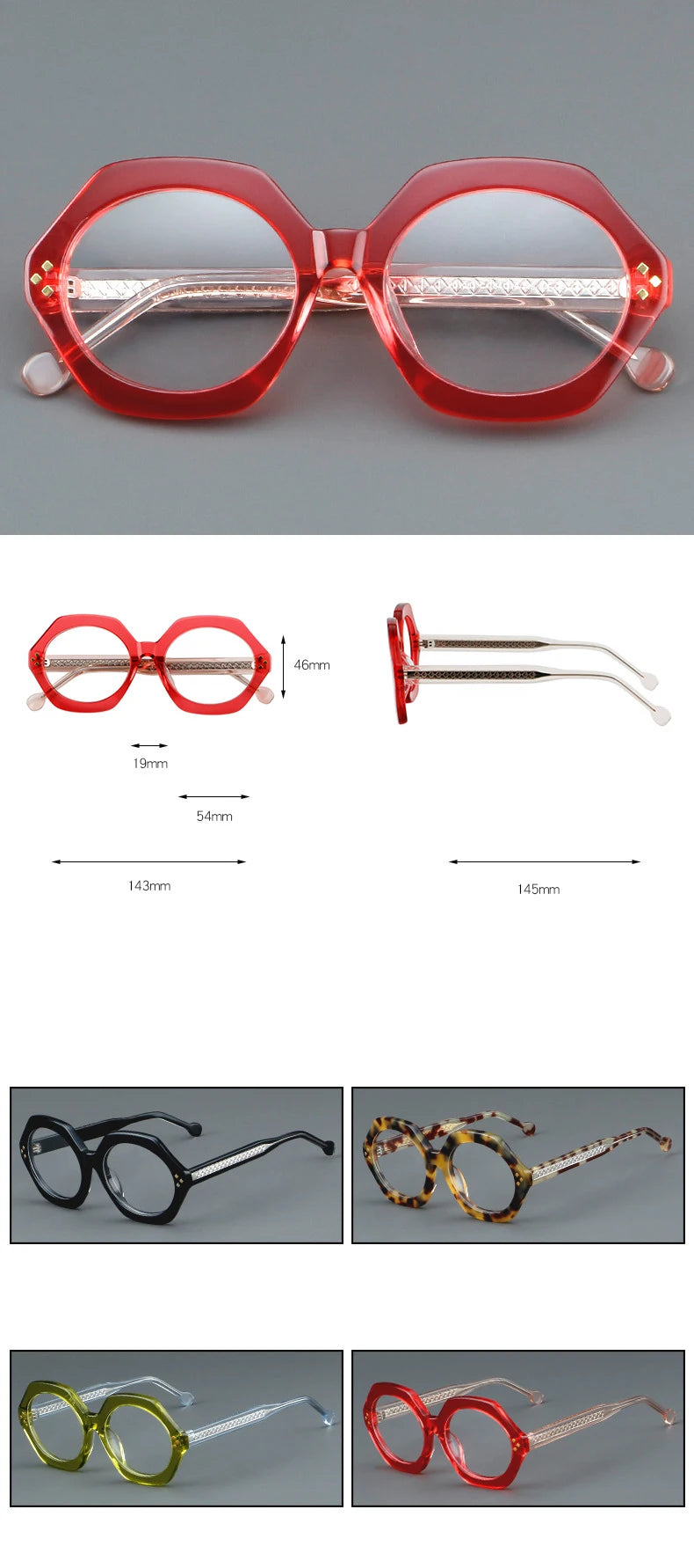 CCspace Unisex Full Rim Large Flat Top Round Acetate Eyeglasses 57286 - Stylish Retro Glasses for Men & Women, Perfect for Reading, Fashion, and Daily Wear