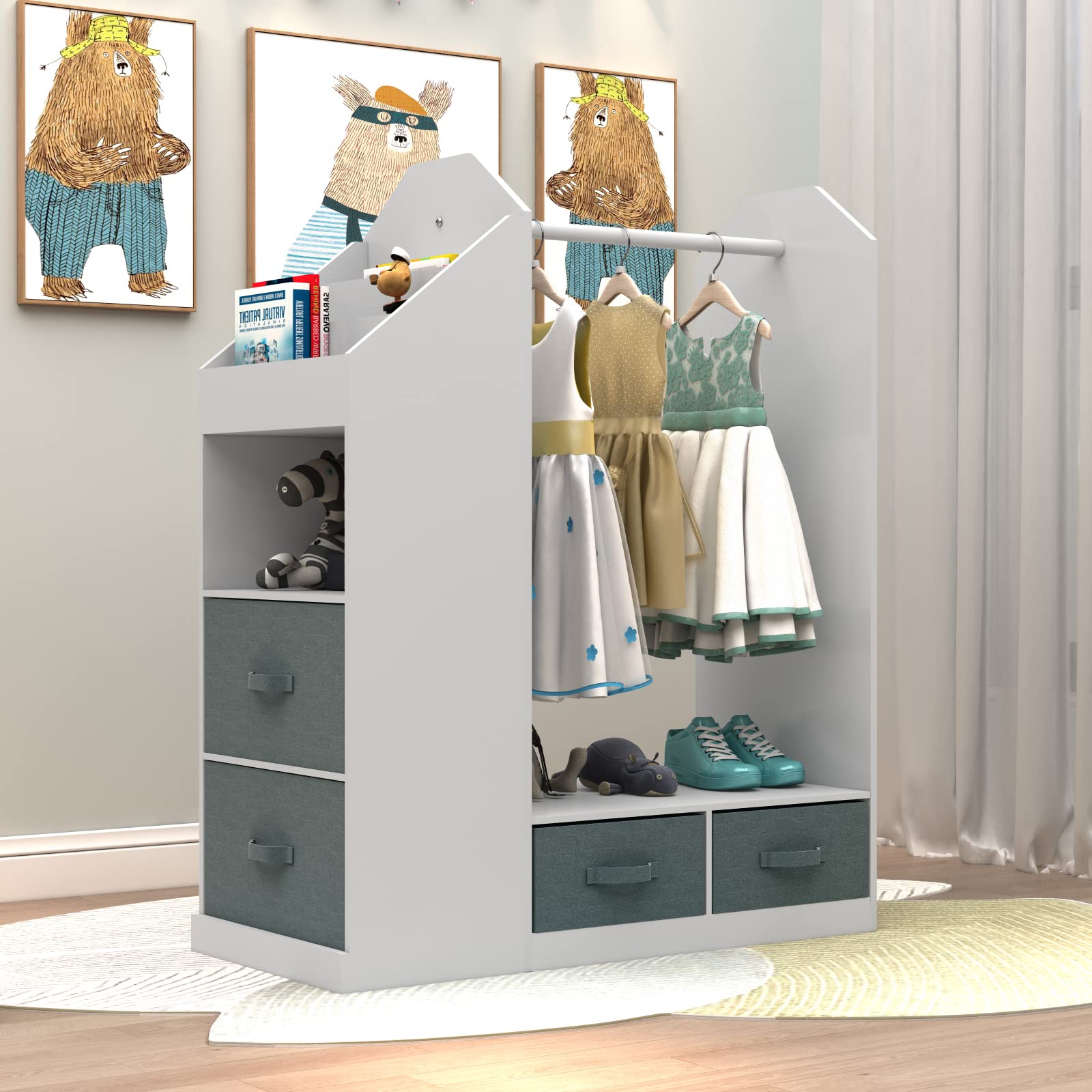 White Kids Play Armoire with Storage Bins & Closet Organizer - Dress Up Costume Wardrobe with Mirror for Girls & Boys Bedroom, Playroom & Nursery Organization