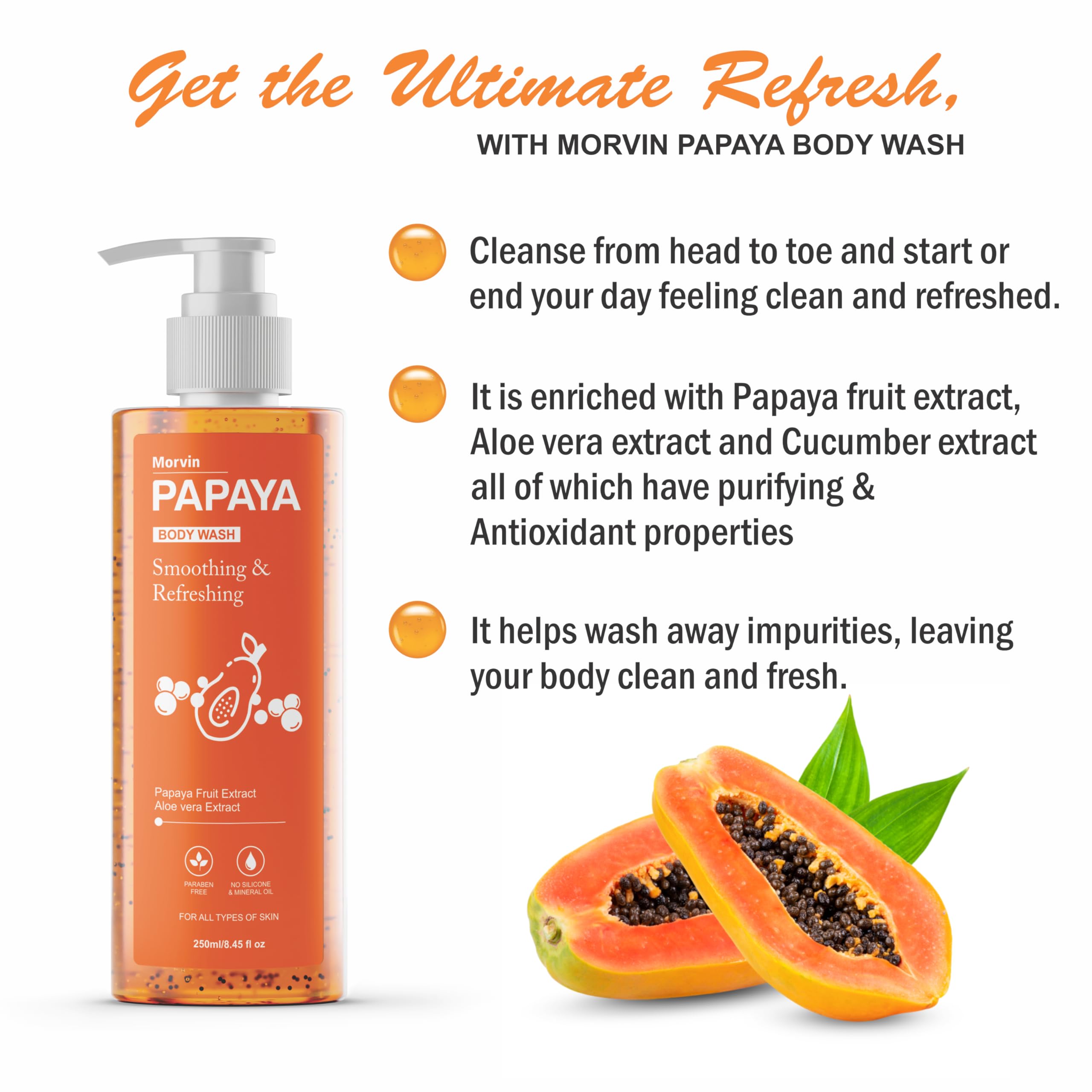 Morvin Papaya Smoothing & Refreshing Body Wash Shower Gel 250ml - Exfoliating & Deep Cleansing with Papaya & Aloe Vera Extract | Paraben, Silicone & Mineral Oil Free | Hydrating for Dry Skin & Post-Workout Refreshment