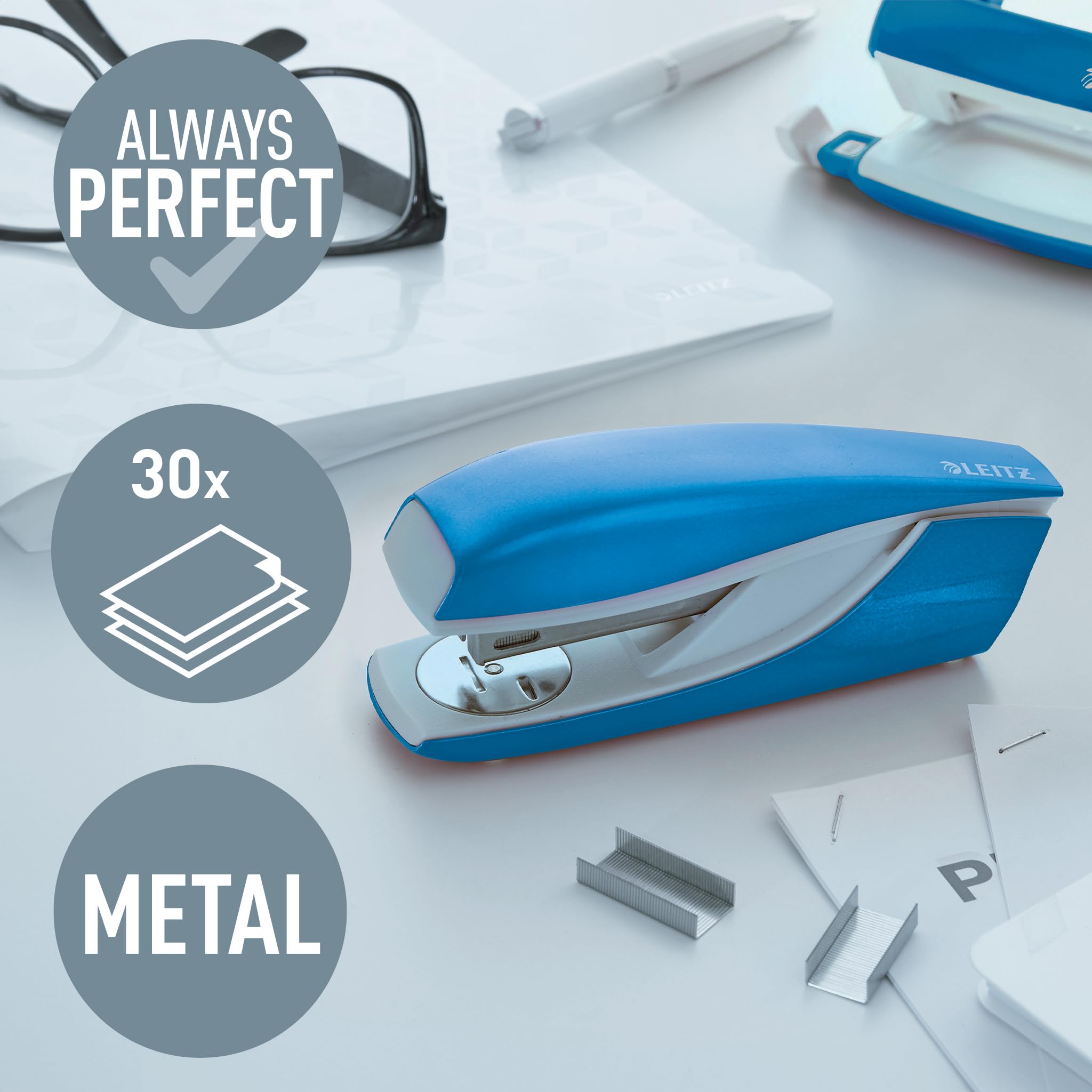 Leitz 55022036 NeXXT Series Wow Metal 30 Sheet Heavy Duty Office Stapler - Blue | Perfect for Home, Office & School Paperwork Organization