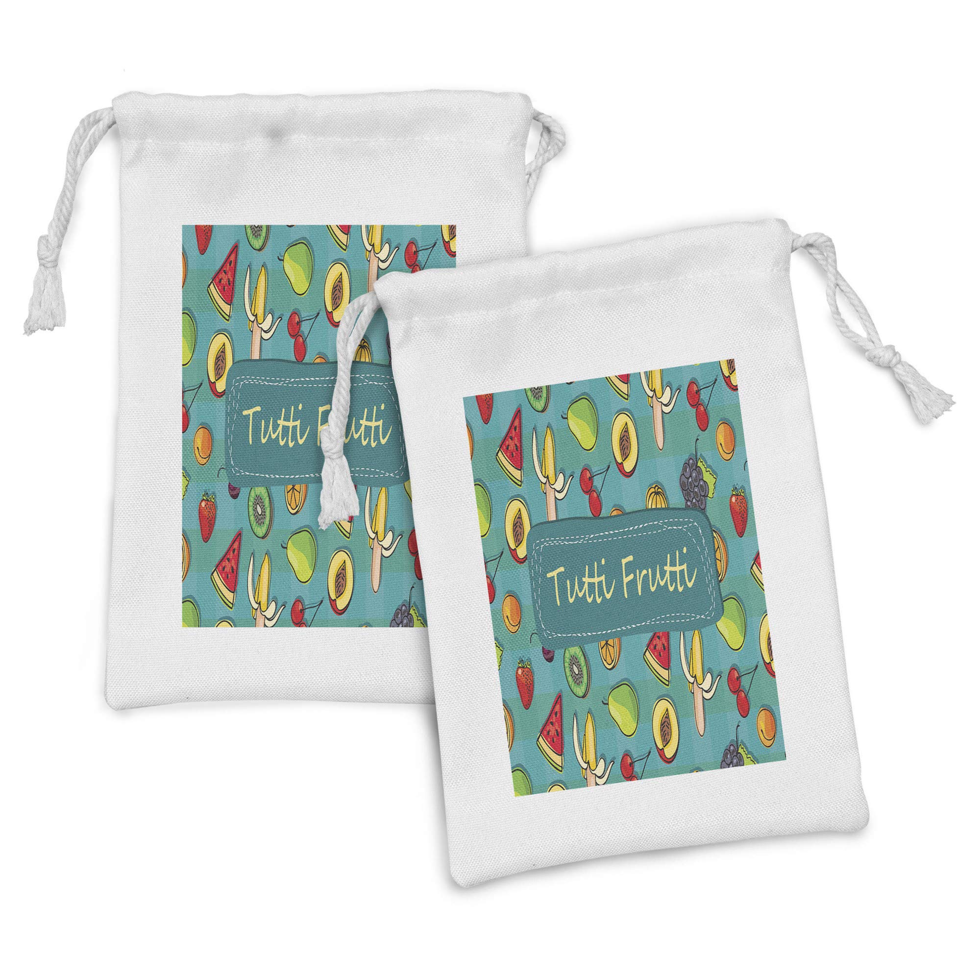 Ambesonne 2-Pack Fruit Fabric Pouch Set - Tutti Frutti Doodle Design Drawstring Bags for Toiletries, Travel Essentials, Party Favors & Masks (9