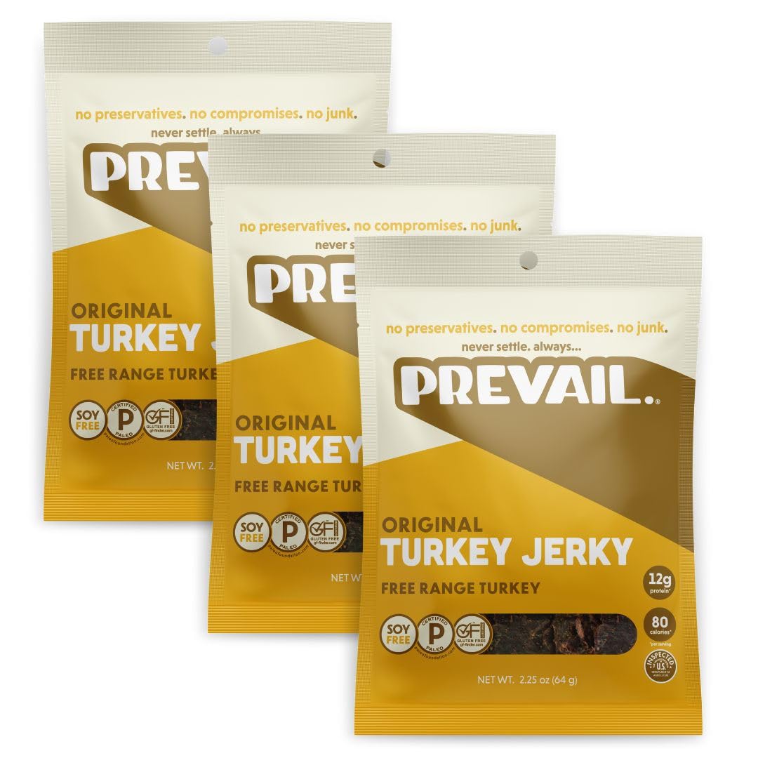 Premium Free-Range Turkey Jerky by PREVAIL - Low Sodium, Gluten Free, Paleo Certified | 3-Pack | Soy Free, No Preservatives, Non-GMO | Healthy Snack for Hiking, Camping & Keto Diet