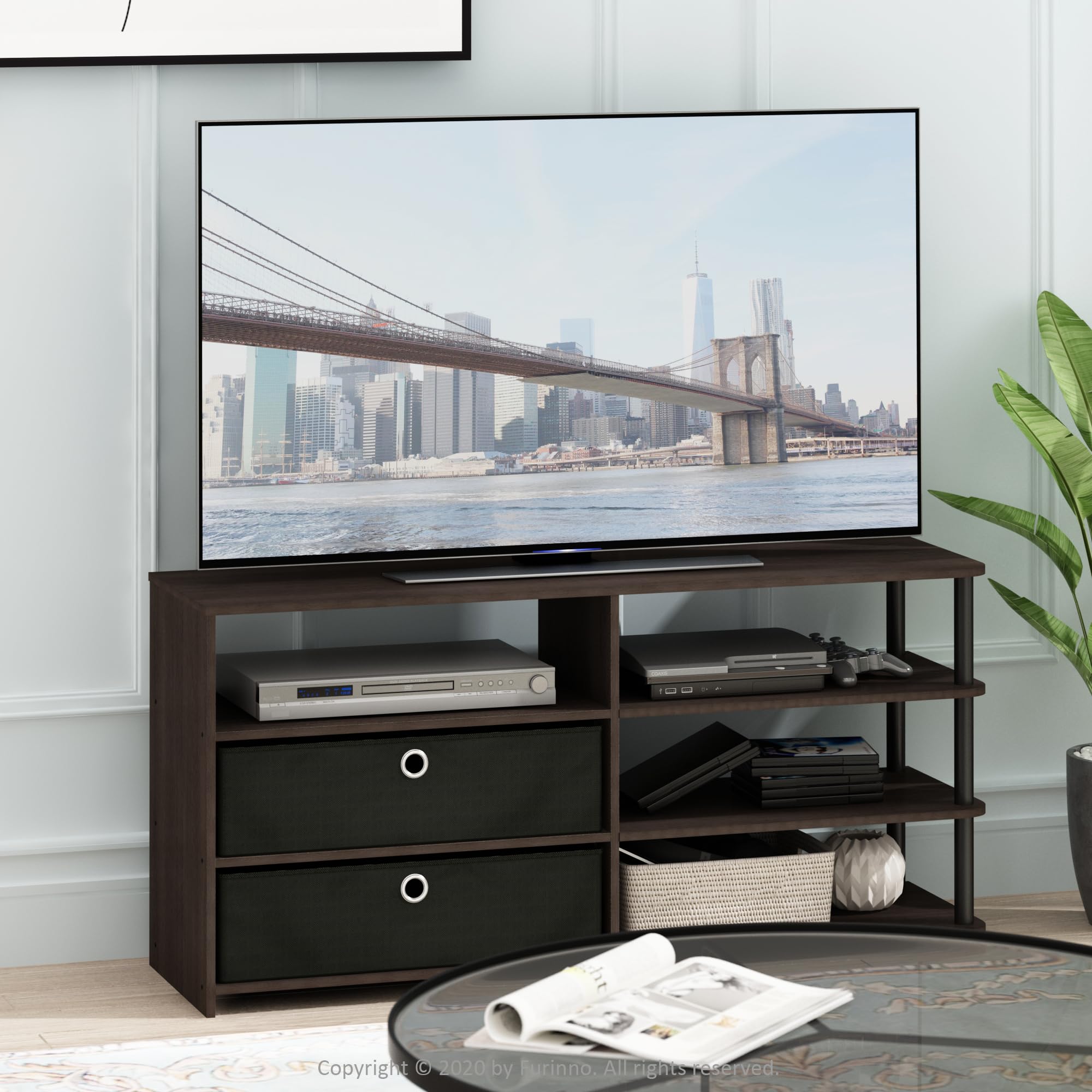 Furinno JAYA 55-Inch TV Stand with Storage Bins - Walnut Finish, Simple Modern Design for Living Room, Bedroom & Home Theater Setup
