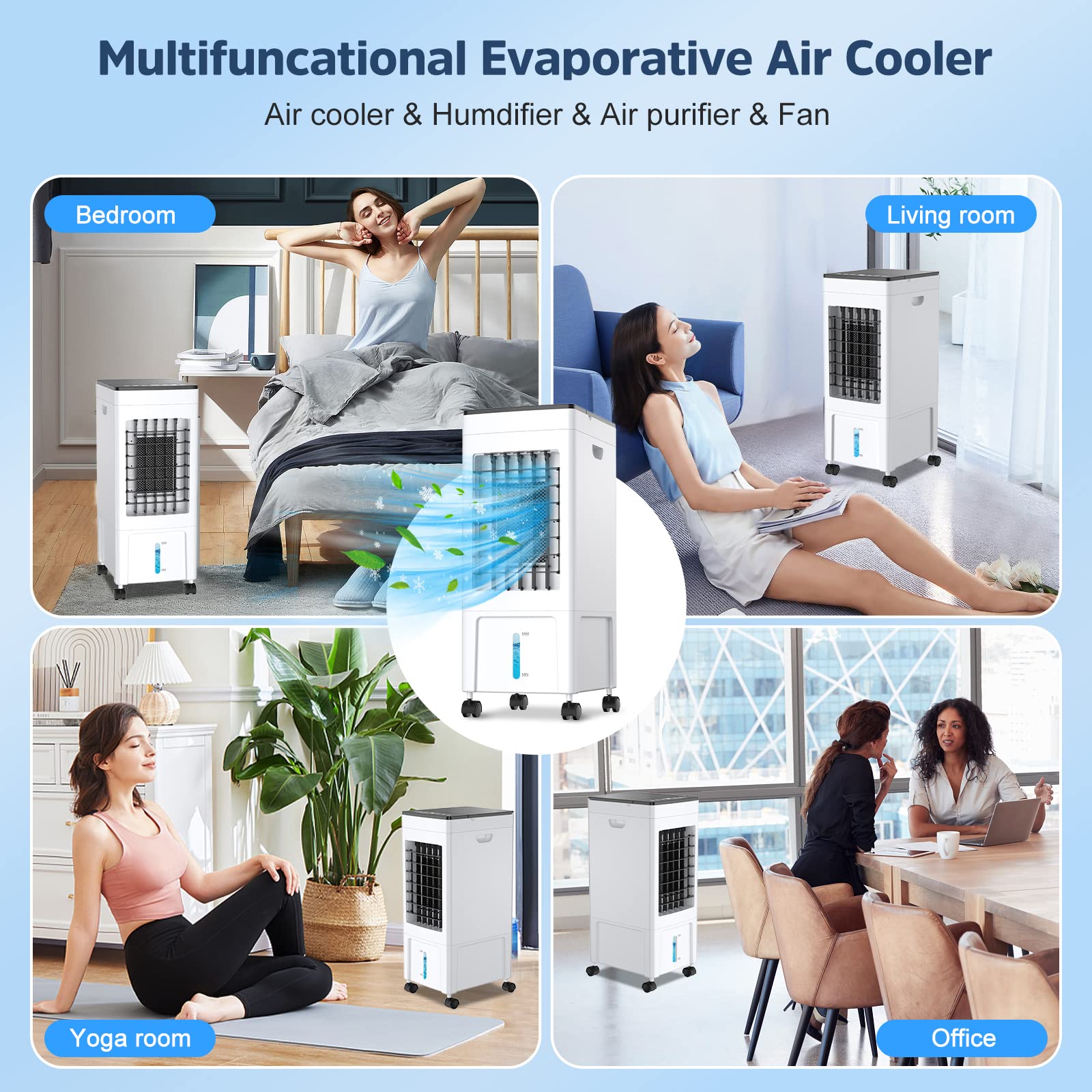 4-in-1 Portable Evaporative Air Cooler with 8L Water Tank - 60W Cooling Fan, Humidifier & Air Purifier - 3 Speed Modes, 1-8H Timer & Remote Control - Includes 4 Ice Boxes for Home, Office, Kitchen - Perfect for Summer Cooling & Indoor Air Circulation