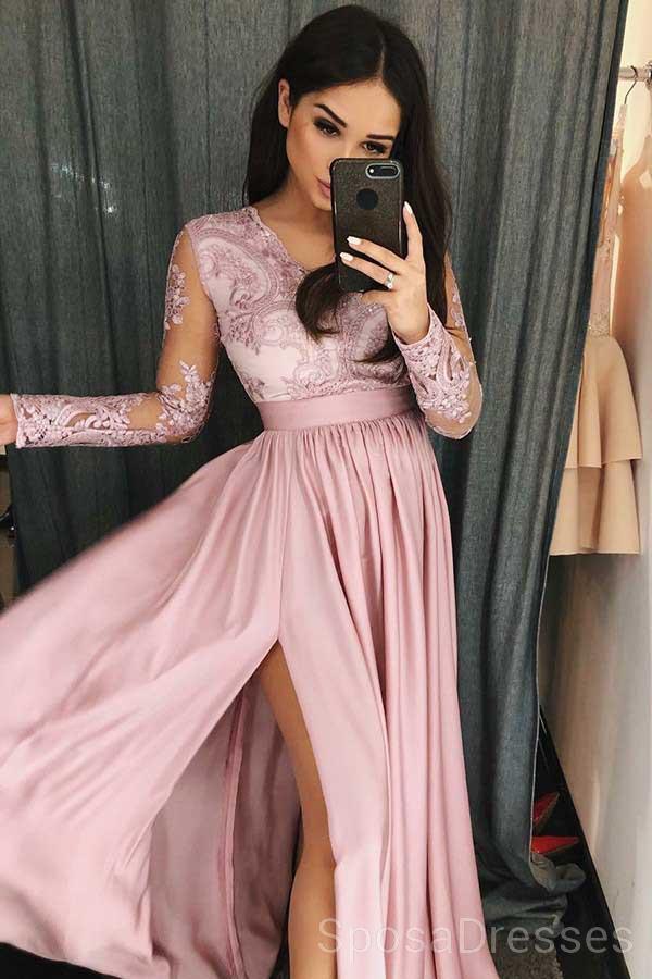 Elegant Long Sleeve Side Slit Pink Prom Dress for Sweet 16 Party - Custom Evening Gown for Formal Events & Special Occasions
