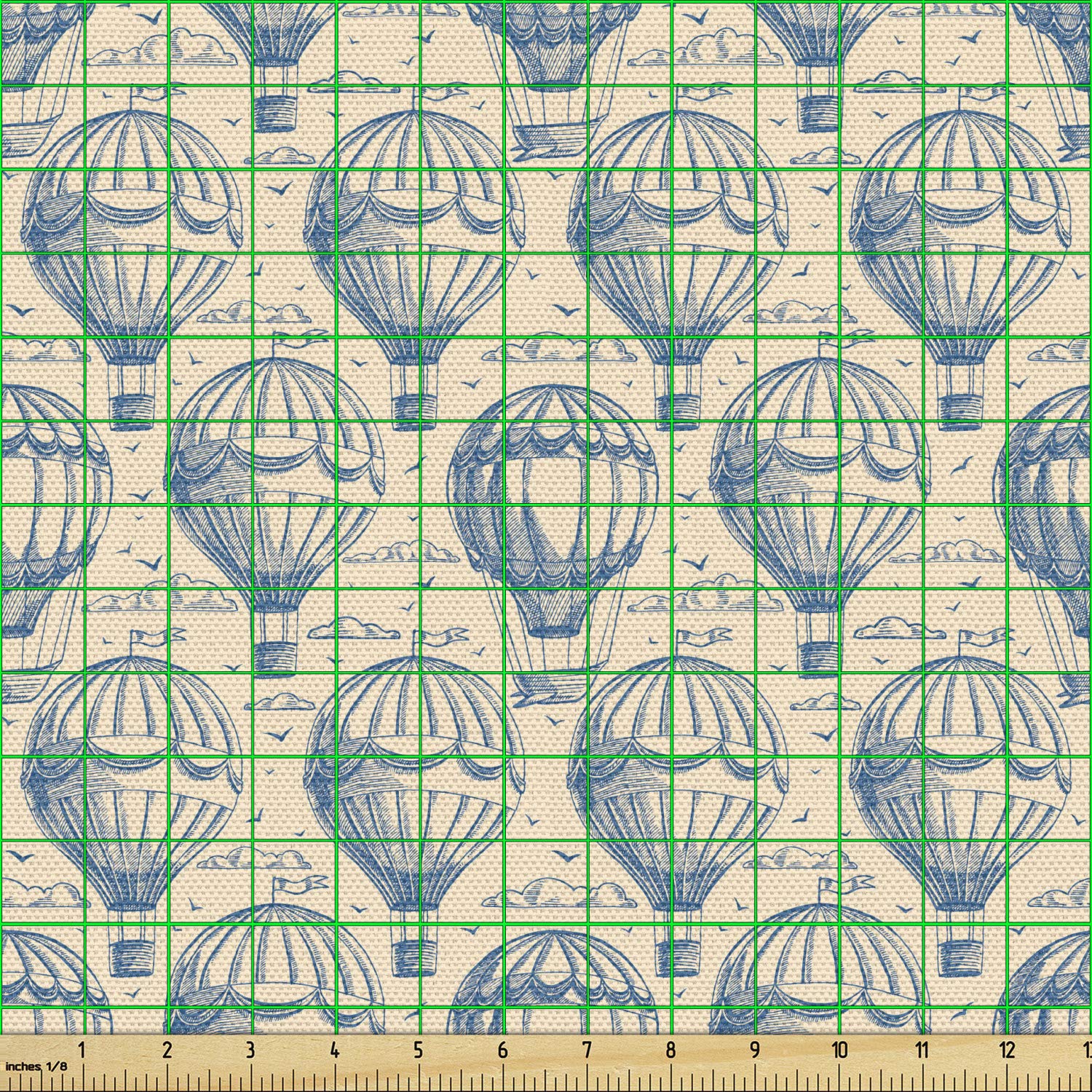 Ambesonne Blue and Beige Fabric by The Yard - Sketch Art Style with Hot Air Balloons, Clouds & Flying Birds - Decorative Upholstery & Home Decor Fabric - 10 Yards Navy & Beige - Perfect for DIY Projects, Curtains, Pillows & Furniture Covers