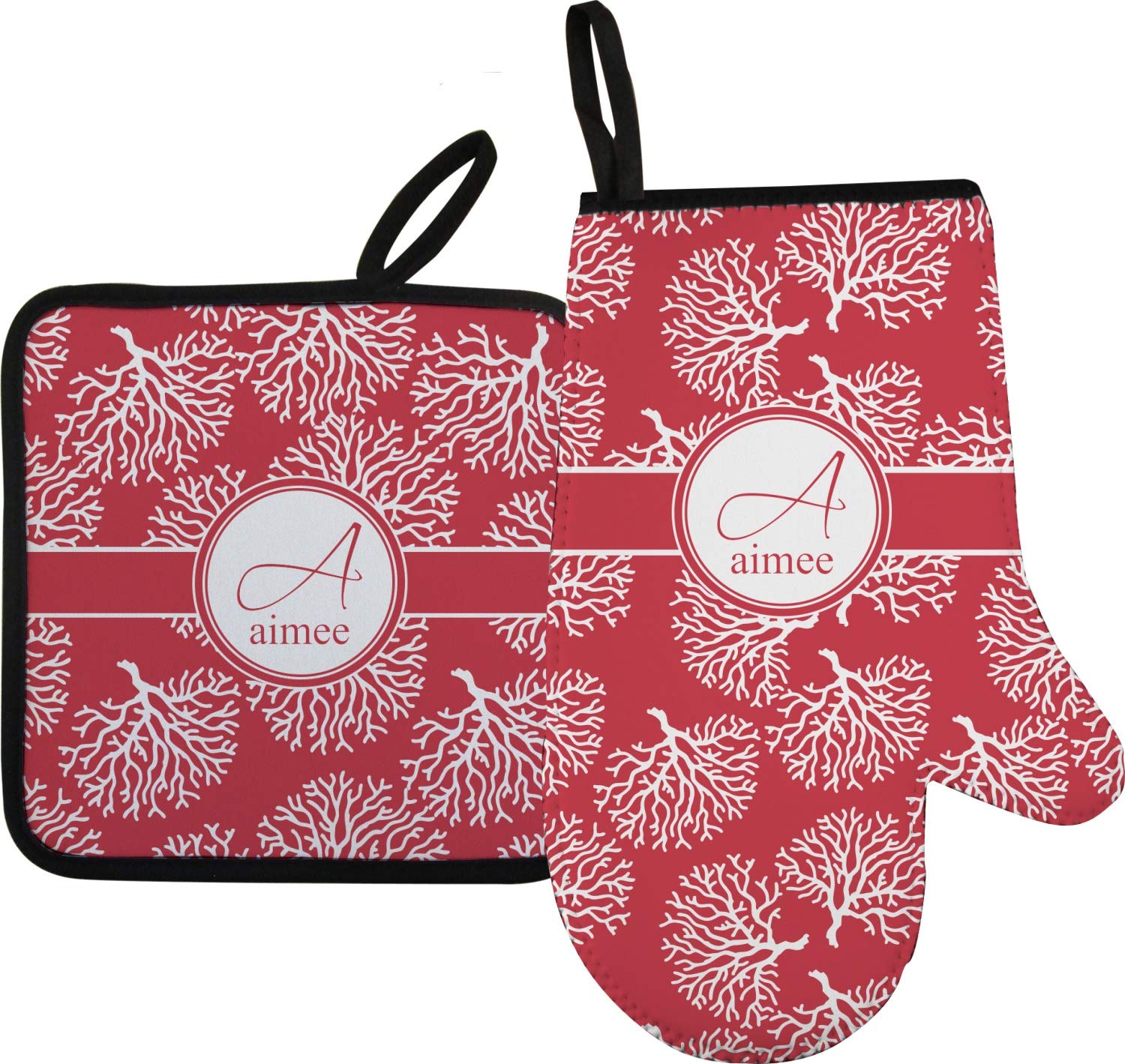 Personalized Coral Oven Mitt and Pot Holder Set with Custom Name & Initial - Perfect for Baking, Cooking, and Kitchen Gift Ideas