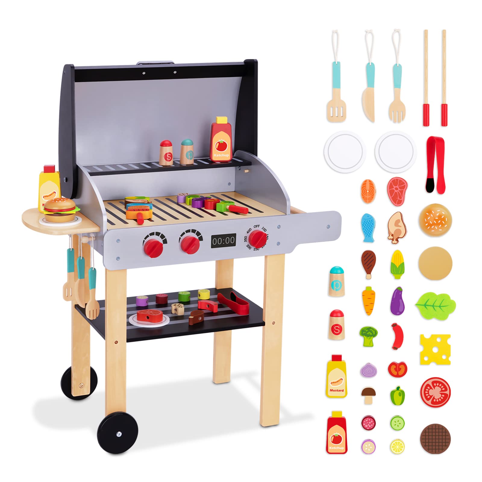**Wooden Play BBQ Grill Toy Set for Kids - Pretend Play Kitchen Accessories with Toy Food & Grilling Tools - Perfect for Toddlers Boys & Girls Ages 3+ - Outdoor & Indoor Imaginative Play**