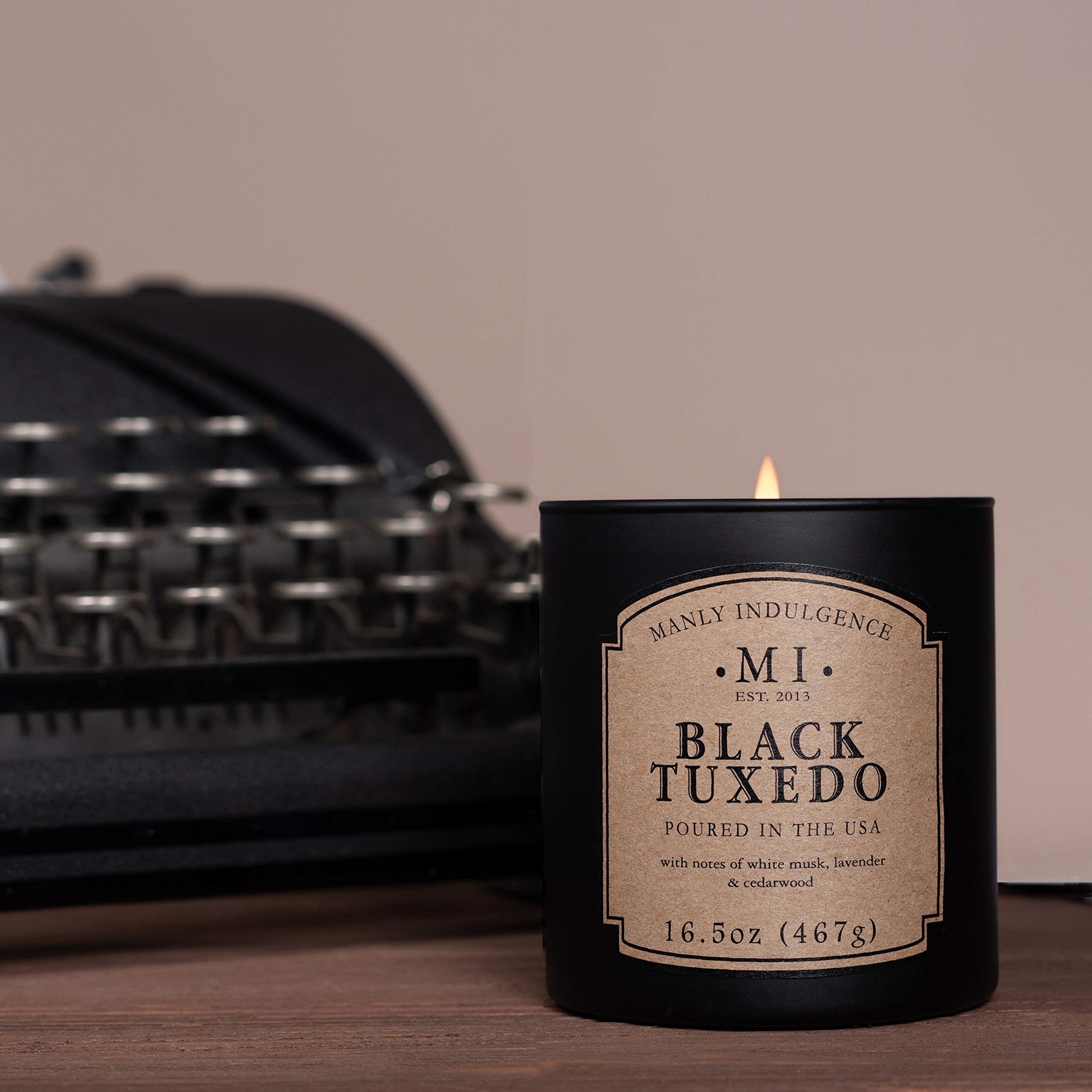 Manly Indulgence Black Tuxedo Jar Candle 16.5 oz - White Musk, Lavender, Cedarwood, Jasmine & Earthy Orris Scented Soy Wax Blend - Long Lasting 60 Hour Burn Time - Hand Poured in USA - Perfect for Home Decor, Romantic Dinners & Relaxation