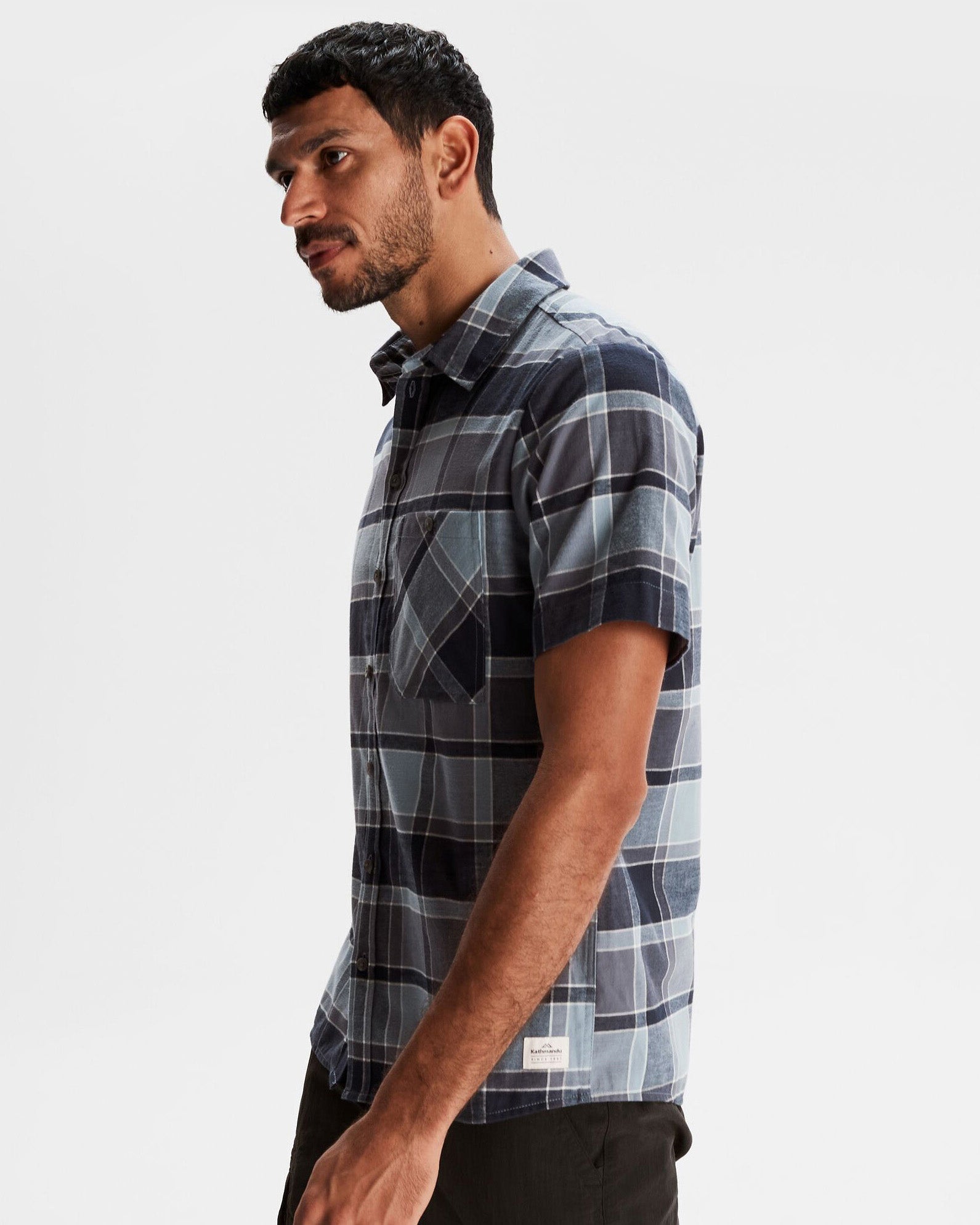 Men's Fyfe Short Sleeve Shirt - Mid Navy Plaid Casual Button Down Shirt for Summer, Outdoor & Office Wear