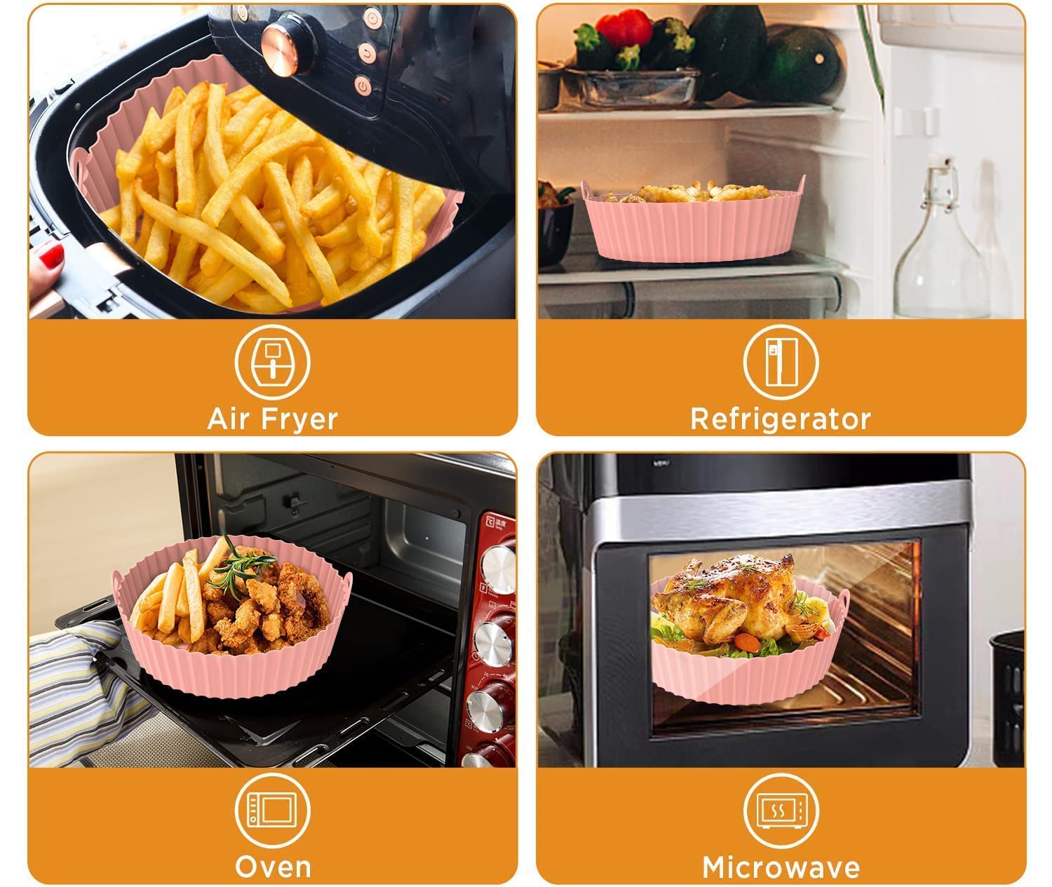 Kesi Reusable Silicone Air Fryer Pot with Ear Handles - Food Grade Heat Resistant Air Fryer Accessories & Silicone Liner with Wave Stripe Texture for Even Heating - Perfect for Air Fryer Ovens, Roasting Nuts, Baking Cookies & Healthy Cooking