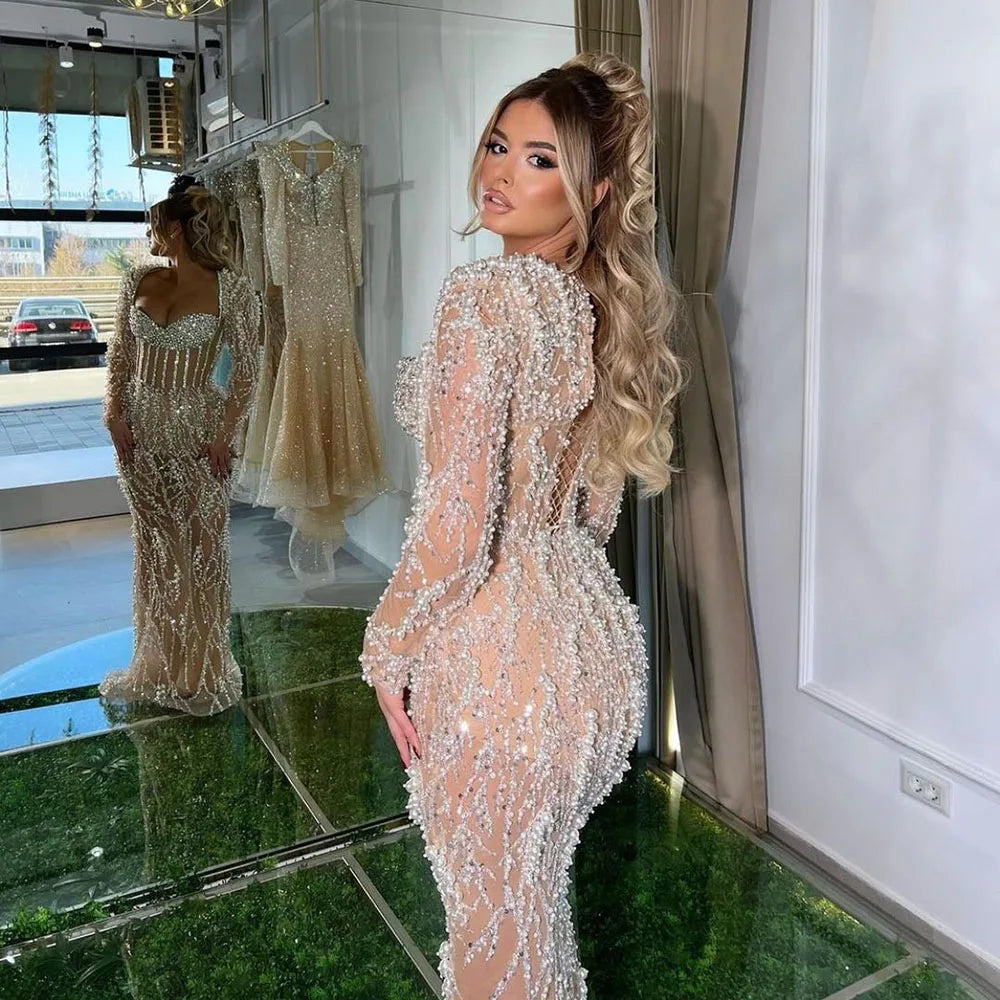 Luxury Dubai Pearls Beaded Elegant Arabic Mermaid Evening Dress for Women - Wedding, Party, Gala & Special Occasions | Serene Hill LA72361