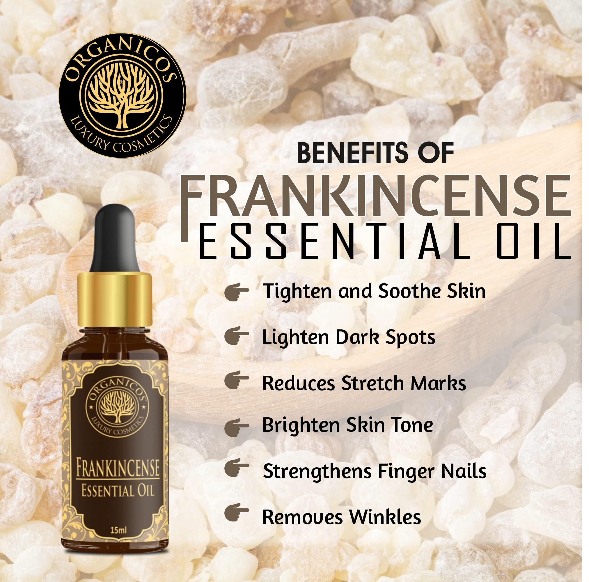 Organic Frankincense Essential Oil for Face & Skin - 100% Pure, Natural, Undiluted - Promotes Clear Glowing Skin, Anti-Aging, Wrinkle Reduction & Hair Care - 15ml - Perfect for Aromatherapy, Massage & DIY Beauty Recipes