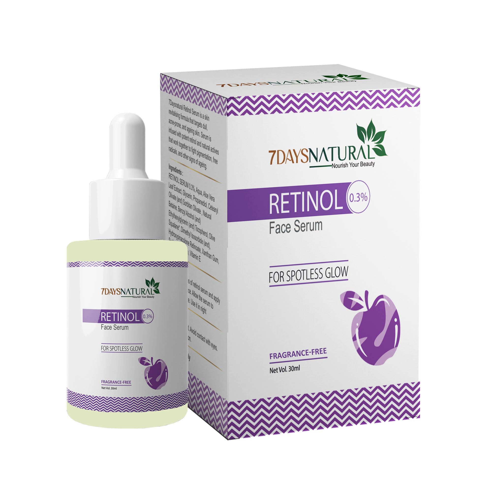 7 DAYS Natural 0.3% Retinol Face Serum for Glowing Skin - Anti-Aging Night Serum with Niacinamide & Hyaluronic Acid - Hydrating & Brightening Treatment for Men & Women (30ml) - Perfect for Nighttime Skincare Routine & Reducing Fine Lines