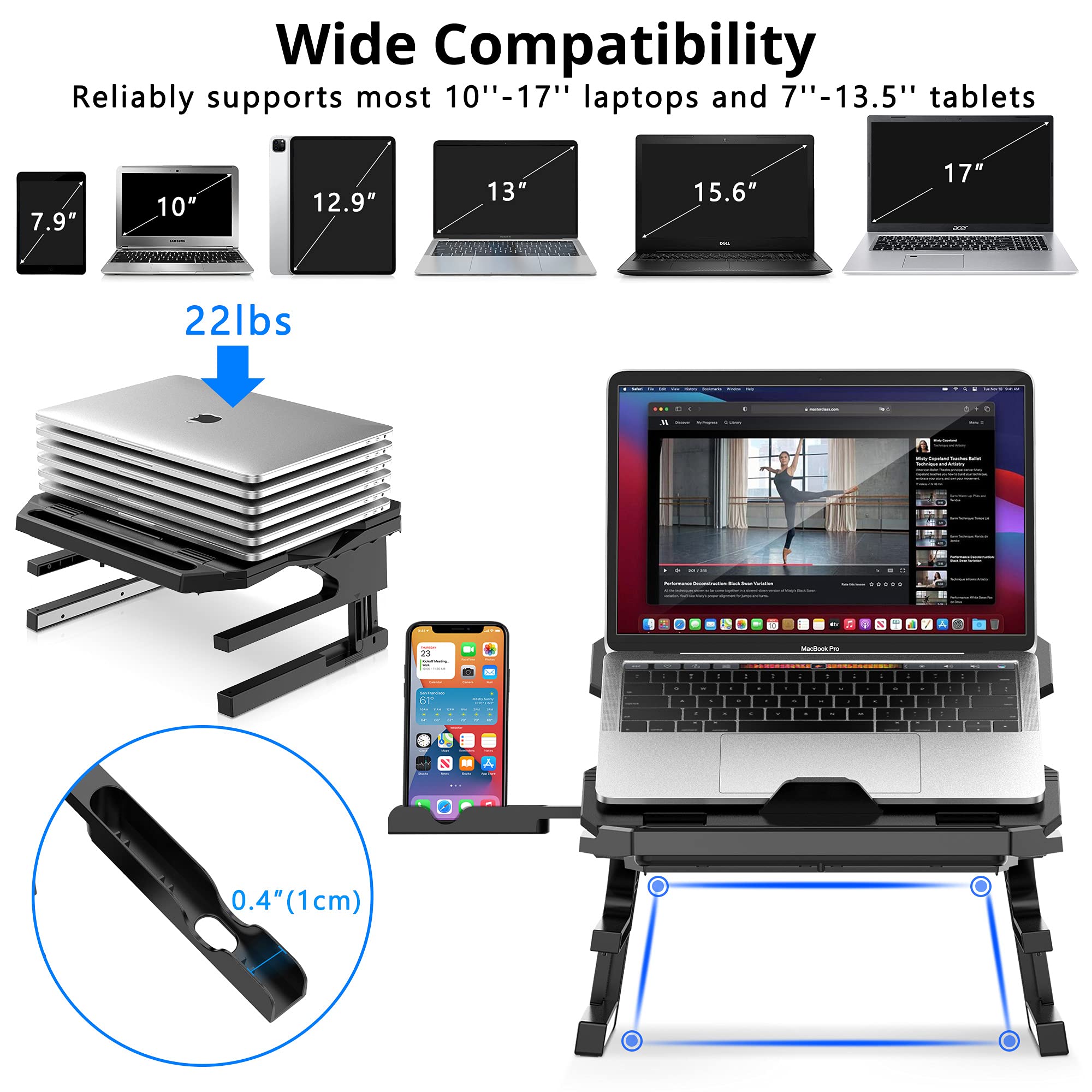 Adjustable Laptop Stand with 360° Rotation & Phone Holder for 10-17