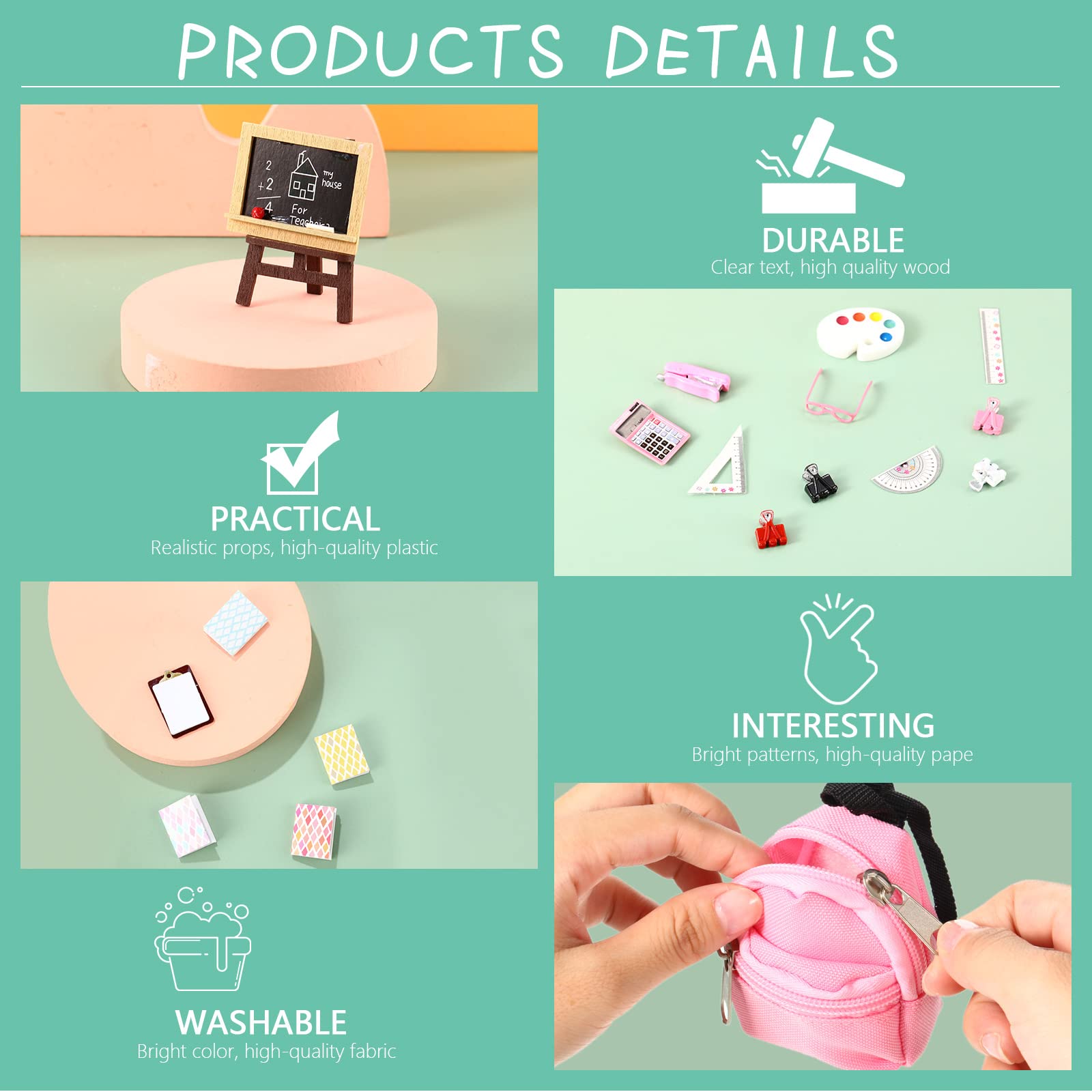 18 Piece Miniature Doll School Supplies Set - Backpack, Glasses, Blackboard, Mini Book, Palette, Paper, Clipboard, Clamp, Ruler, Scissors & Calculator - Perfect for Dollhouse Play & Educational Pretend Play Scenes