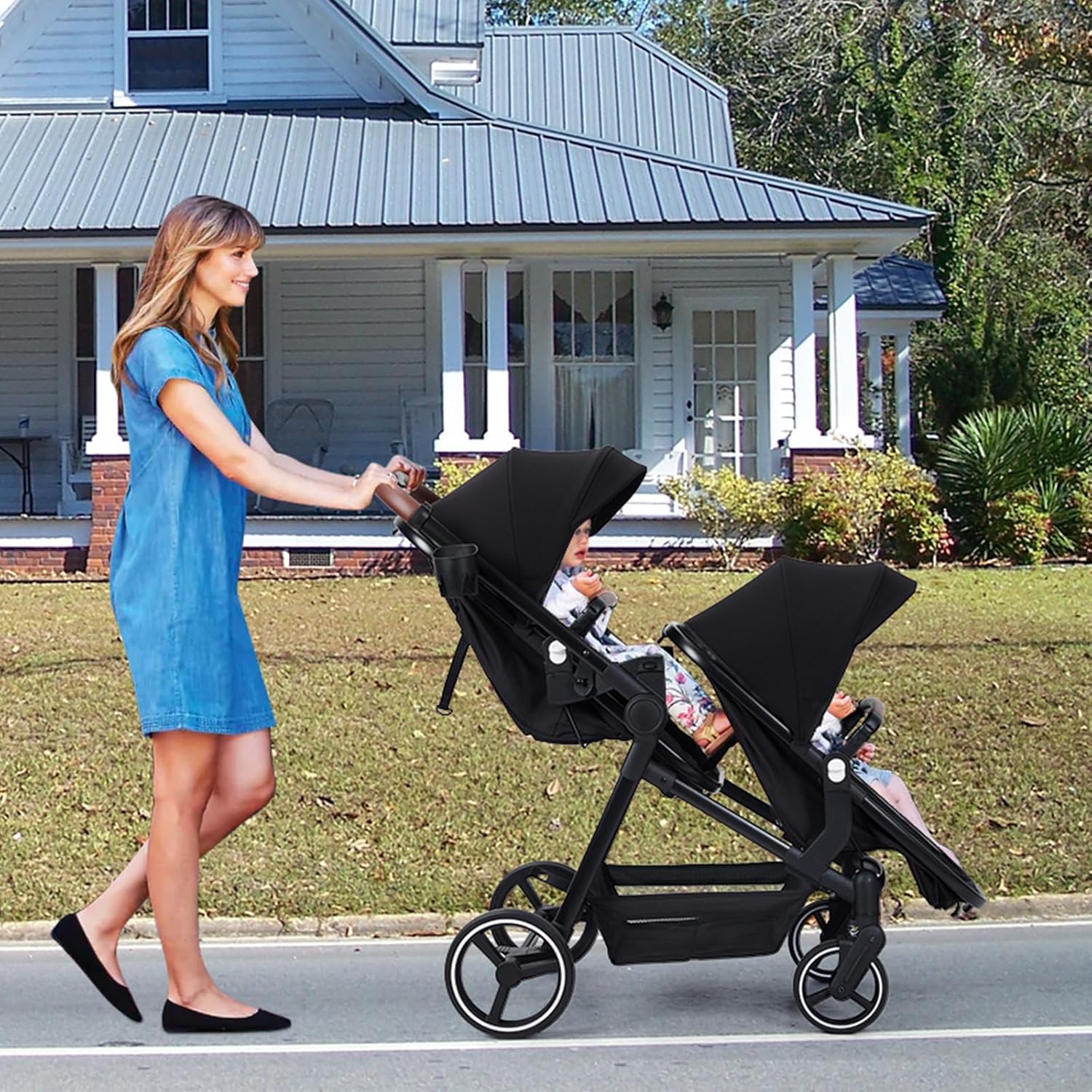 Foldable Double Bassinet Stroller - Adjustable Reversible Pushchair with Large Storage Basket & Canopy for Newborn & Toddler | Perfect for Travel, Shopping & Outdoor Walks