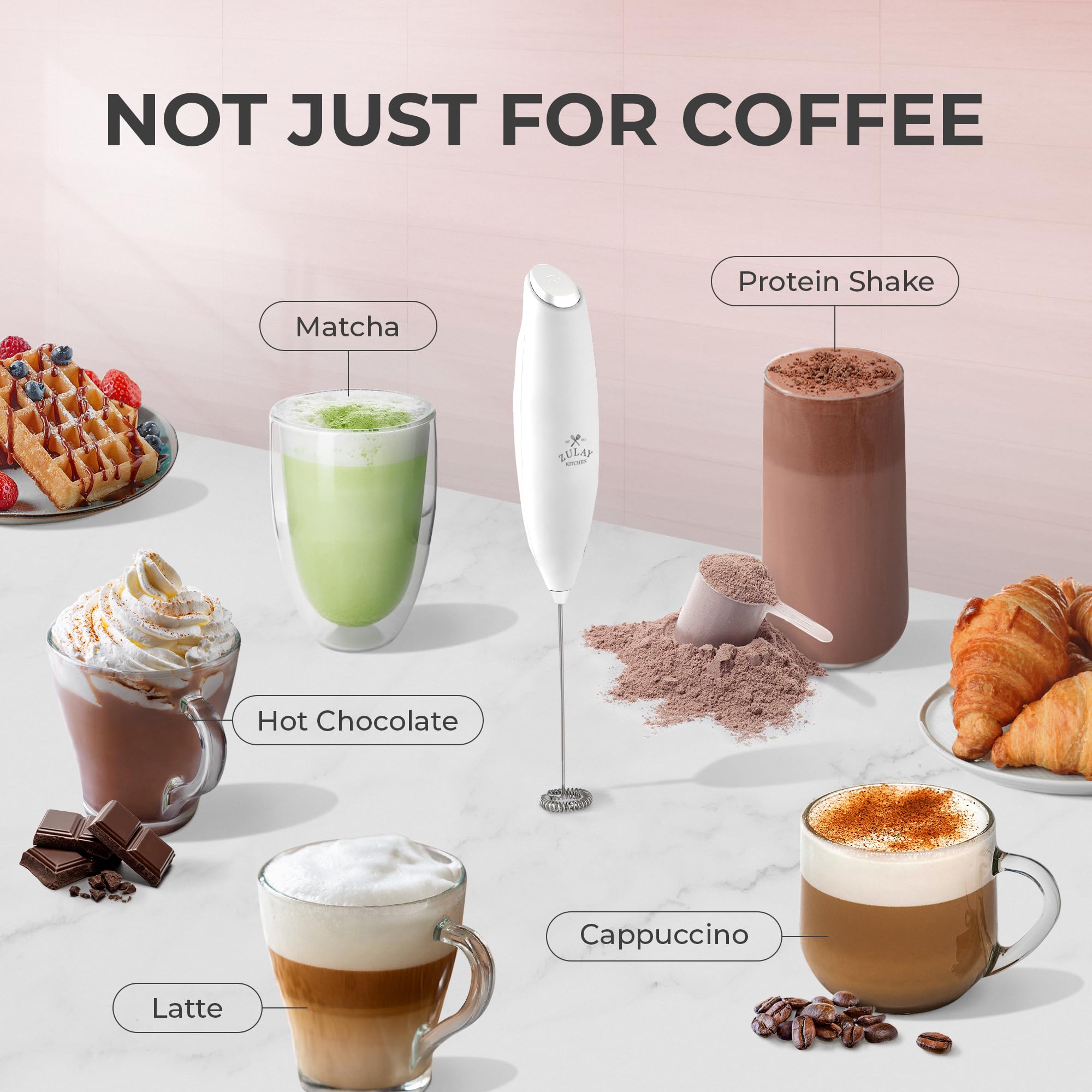 Zulay Kitchen Premium Electric Milk Frother Wand - Handheld Battery-Powered Drink Mixer for Coffee, Latte, Frappe, Matcha, Hot Chocolate - Includes 2 Duracell Batteries - Easy to Clean - Perfect for Home, Office & Cafe Use