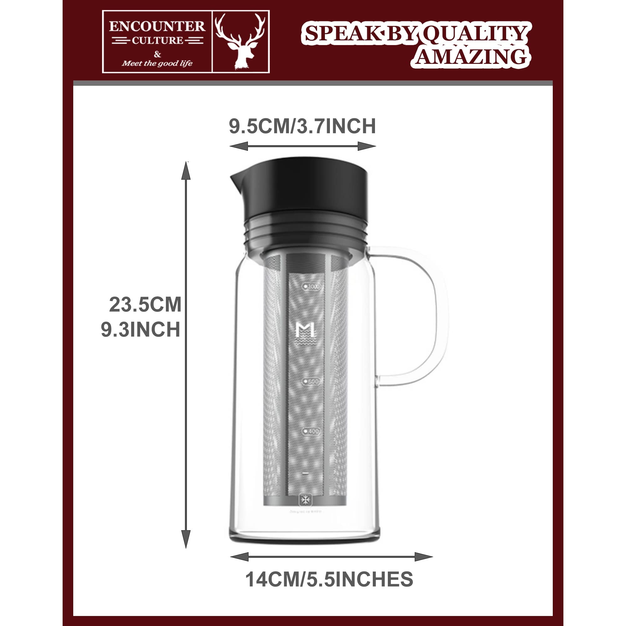 Premium 1.2L (41oz) Cold Brew Glass Pitcher - 100% Airtight with 304 Stainless Steel Double Mesh Filter | Heat-Resistant Iced Tea & Coffee Maker | Perfect for Home, Office & Outdoor Use