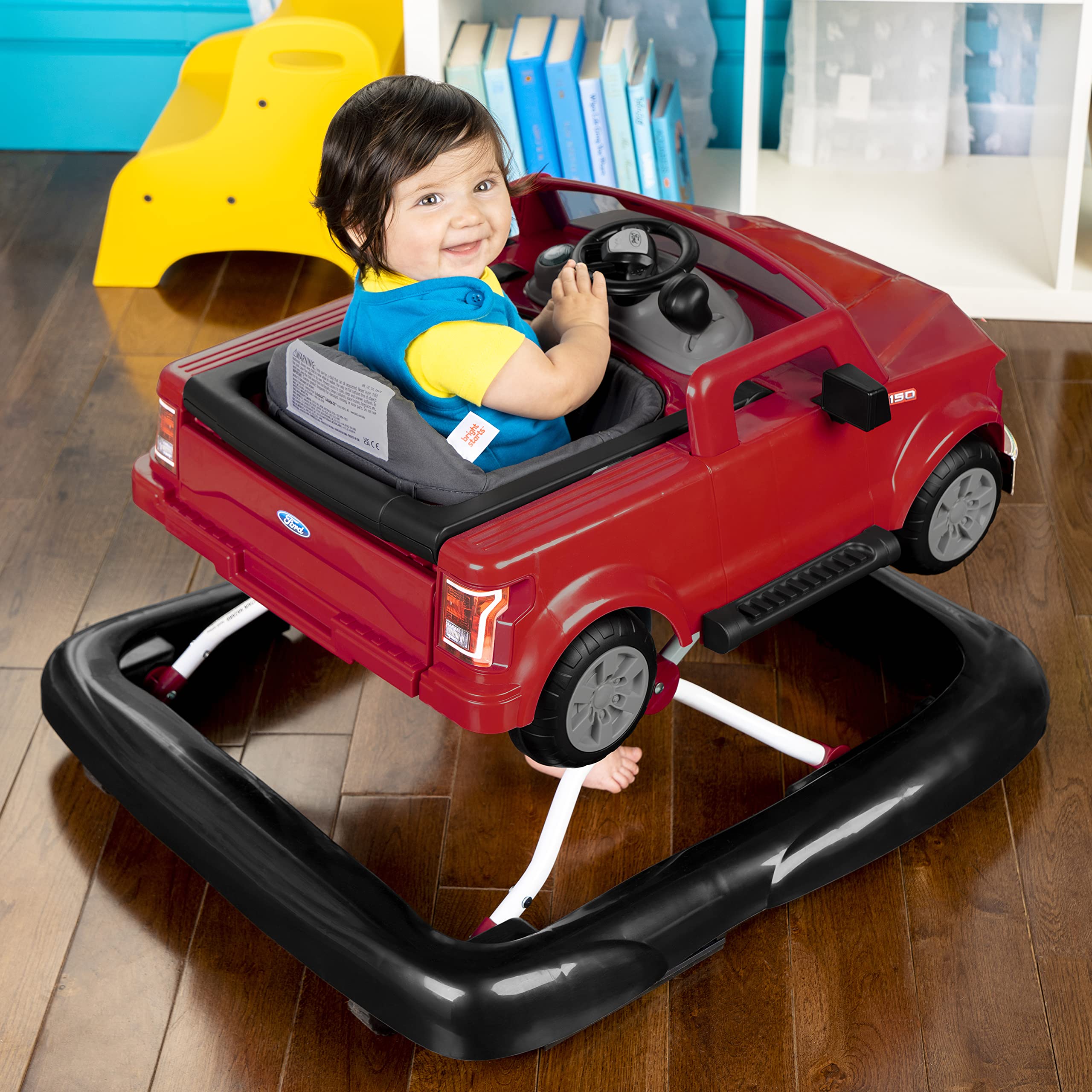 Bright Starts Ford F-150 4-in-1 Red Baby Activity Center & Push Walker with Removable Interactive Steering Wheel - Fun Learning Toy for Infants 6 Months and Up - Perfect for Playtime, Early Development & First Steps