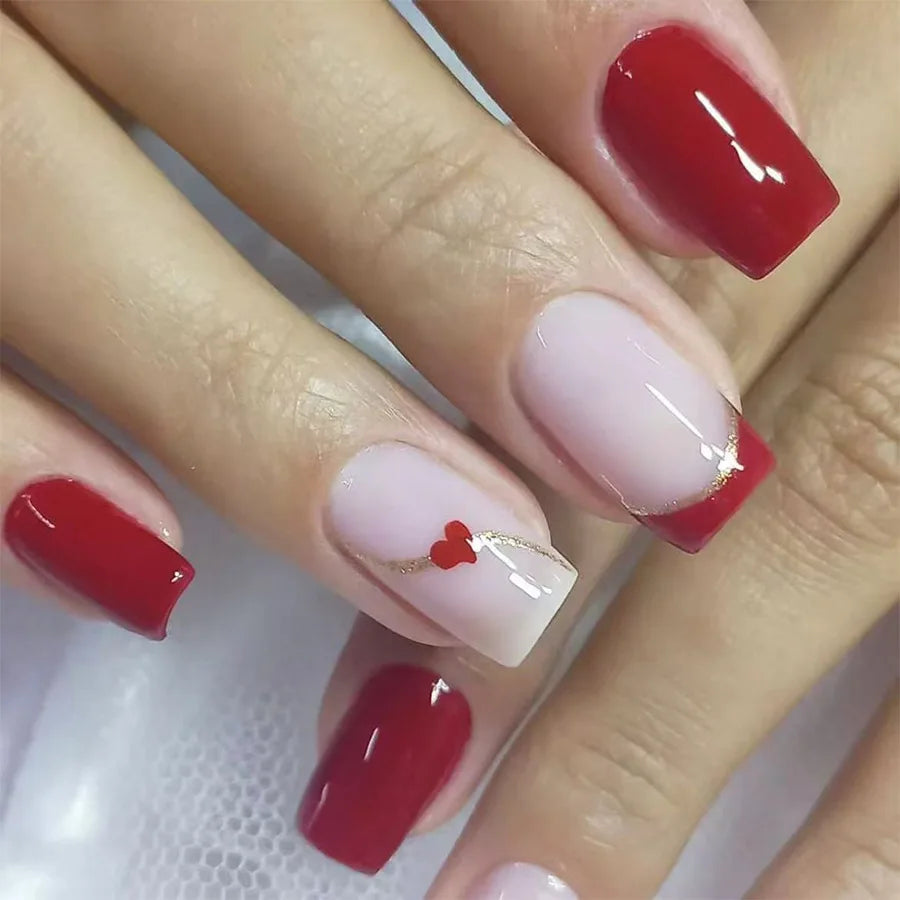 24Pc Square French Fake Nails with Heart Love Designs - Glossy White & Pink Press on Nails | Full Cover False Nails for Valentine's Day | Perfect for Parties, Weddings & Special Occasions