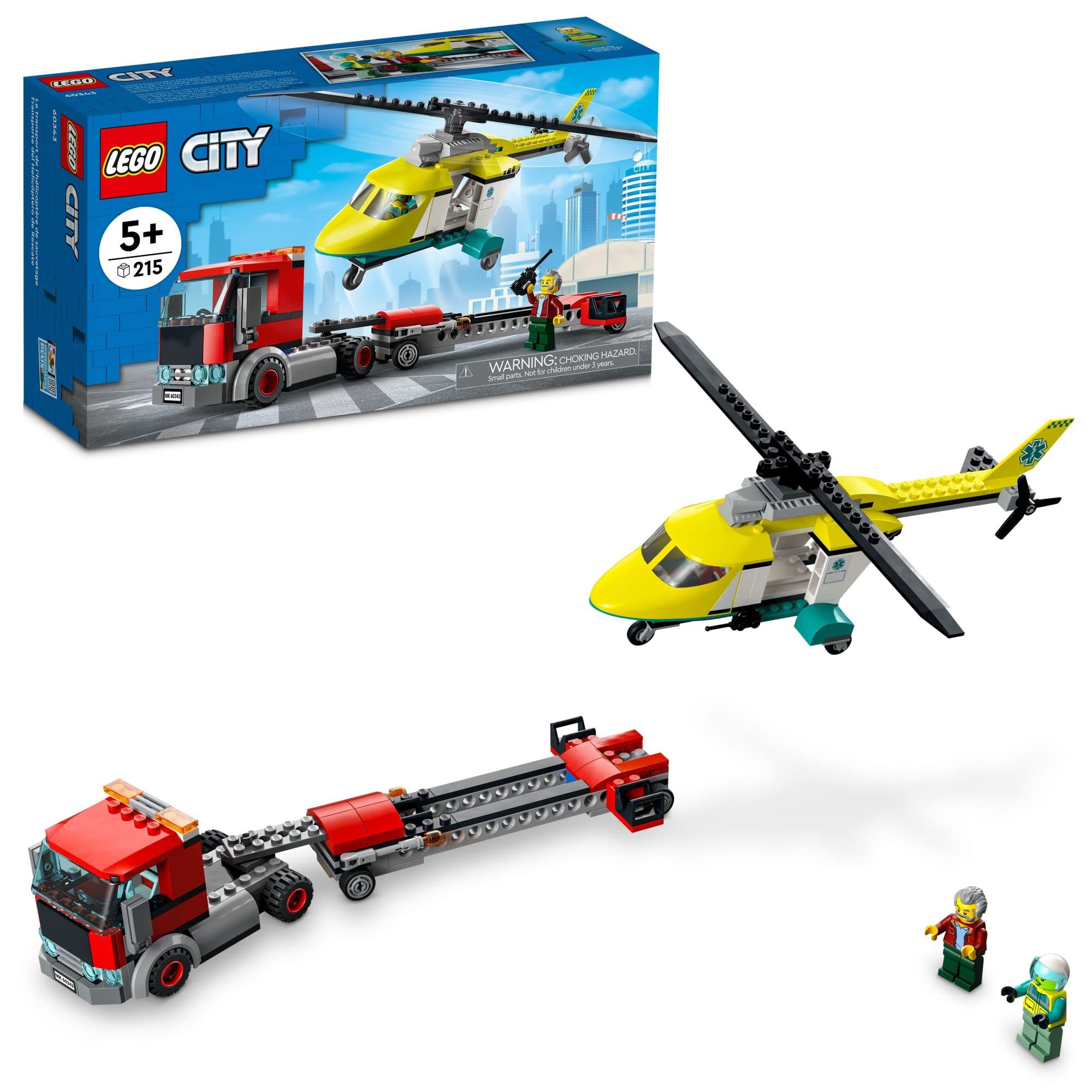 LEGO City Great Vehicles Rescue Helicopter Transport Building Kit 60343 | Toy Truck & Helicopter Playset with Minifigures | STEM Learning Toy for Kids Ages 5+ | Birthday Gift for Boys & Girls | Emergency Rescue Role Play & Creative Building Fun