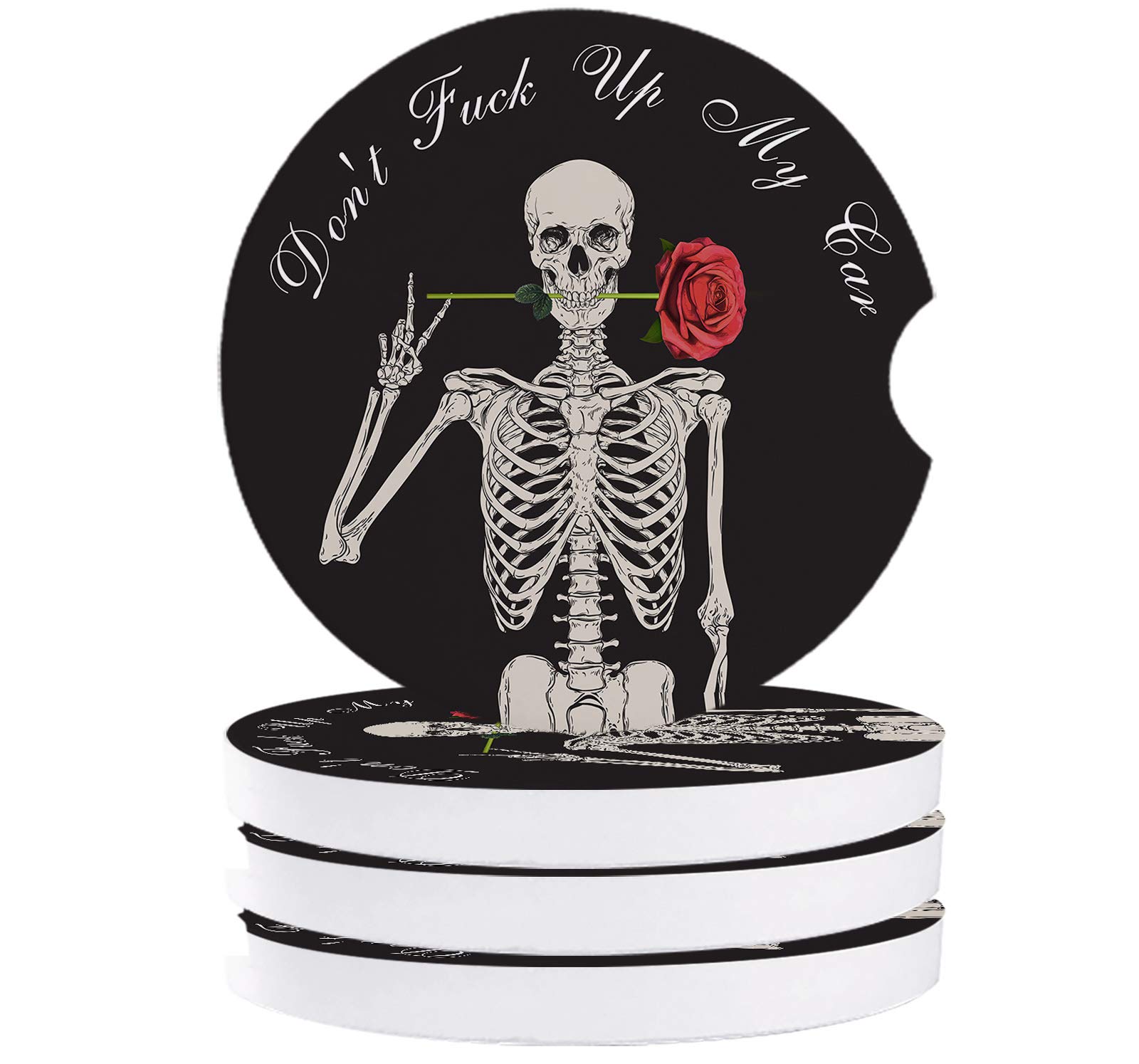 Premium Absorbent Car Coasters - Skull & Skeleton Rose Flower Design - Ceramic Cup Holder Coasters for Cars (Black/White/Red, 4-Pack) - Non-Slip with Finger Notch for Easy Removal - Perfect for Coffee, Drinks & Vehicle Organization