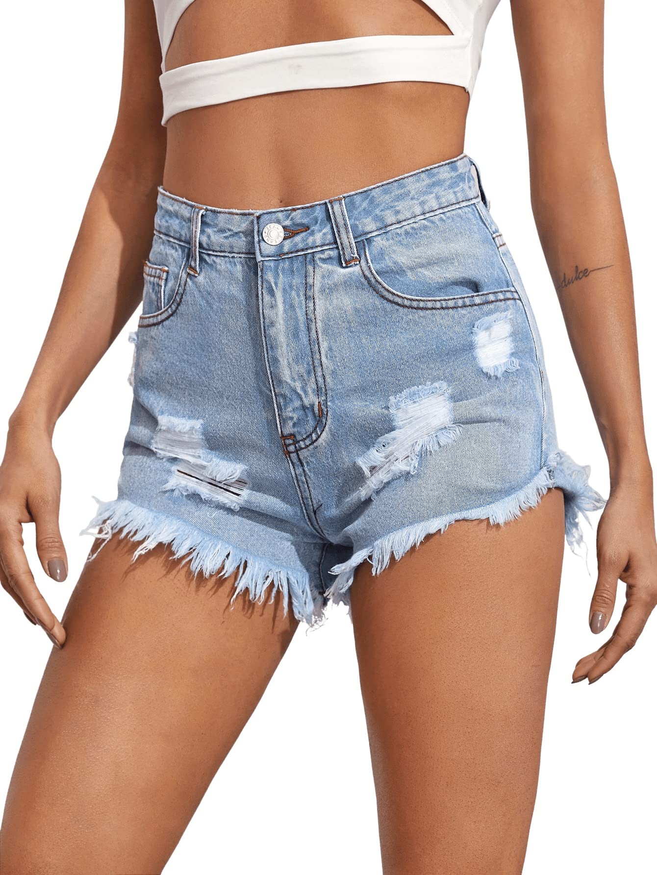 SweatyRocks Women's High Waisted Denim Shorts - Distressed Raw Hem Summer Jean Shorts for Casual Outfits & Beach Wear | Trendy Fashion for Women