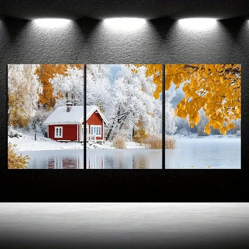 3pcs A House in The Snow Yellow Leaves Metal Wall Art Prints - Ready to Hang Winter Landscape Decor for Living Room, Bedroom & Office