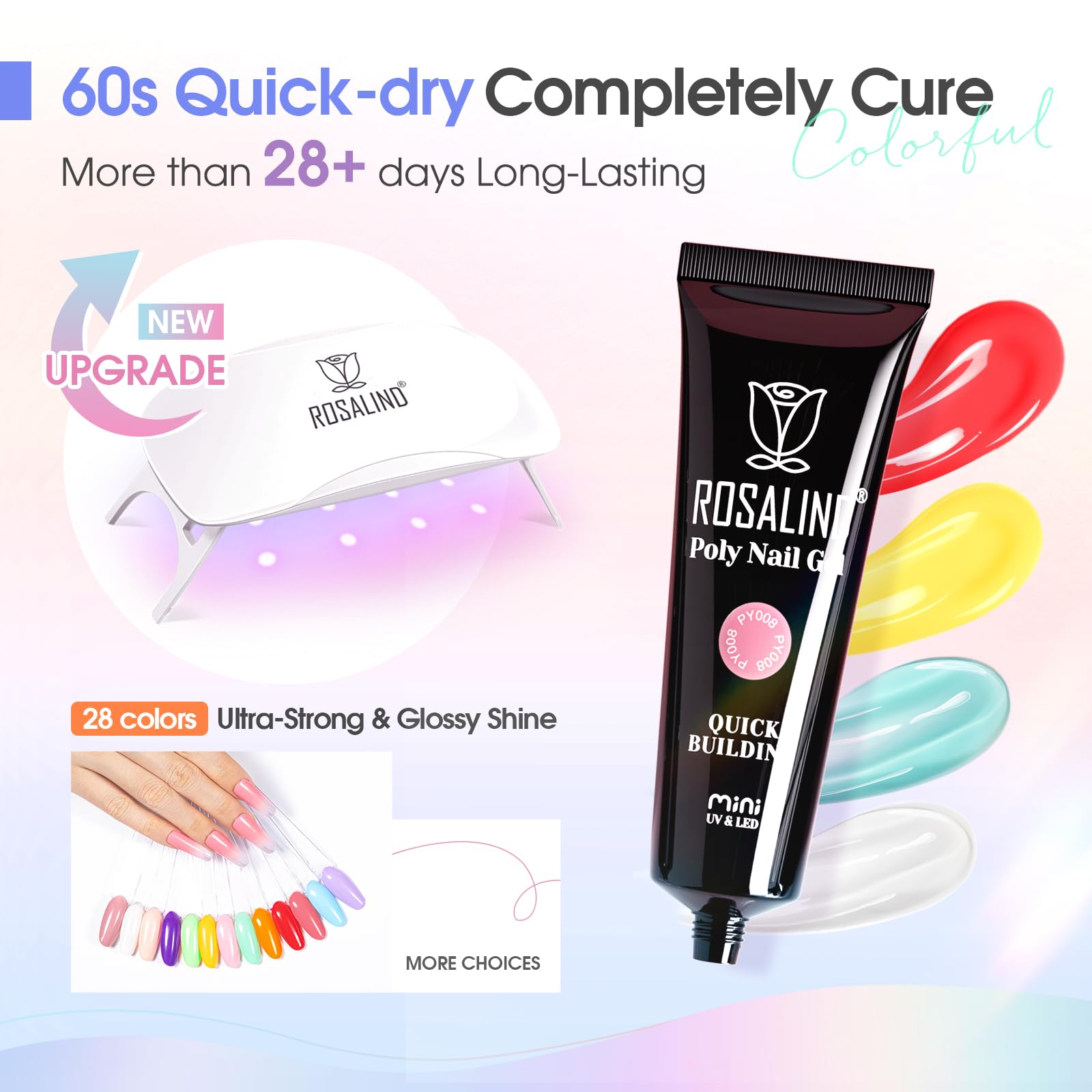 ROSALIND 28 Colors Poly Nail Gel Kit with Mini UV Lamp - Professional Clear & Neon Gel Polish Starter Set for DIY Nail Art | Perfect for Beginners, Halloween, Spring & Summer Manicures | Home Salon & Party Nail Care Essentials