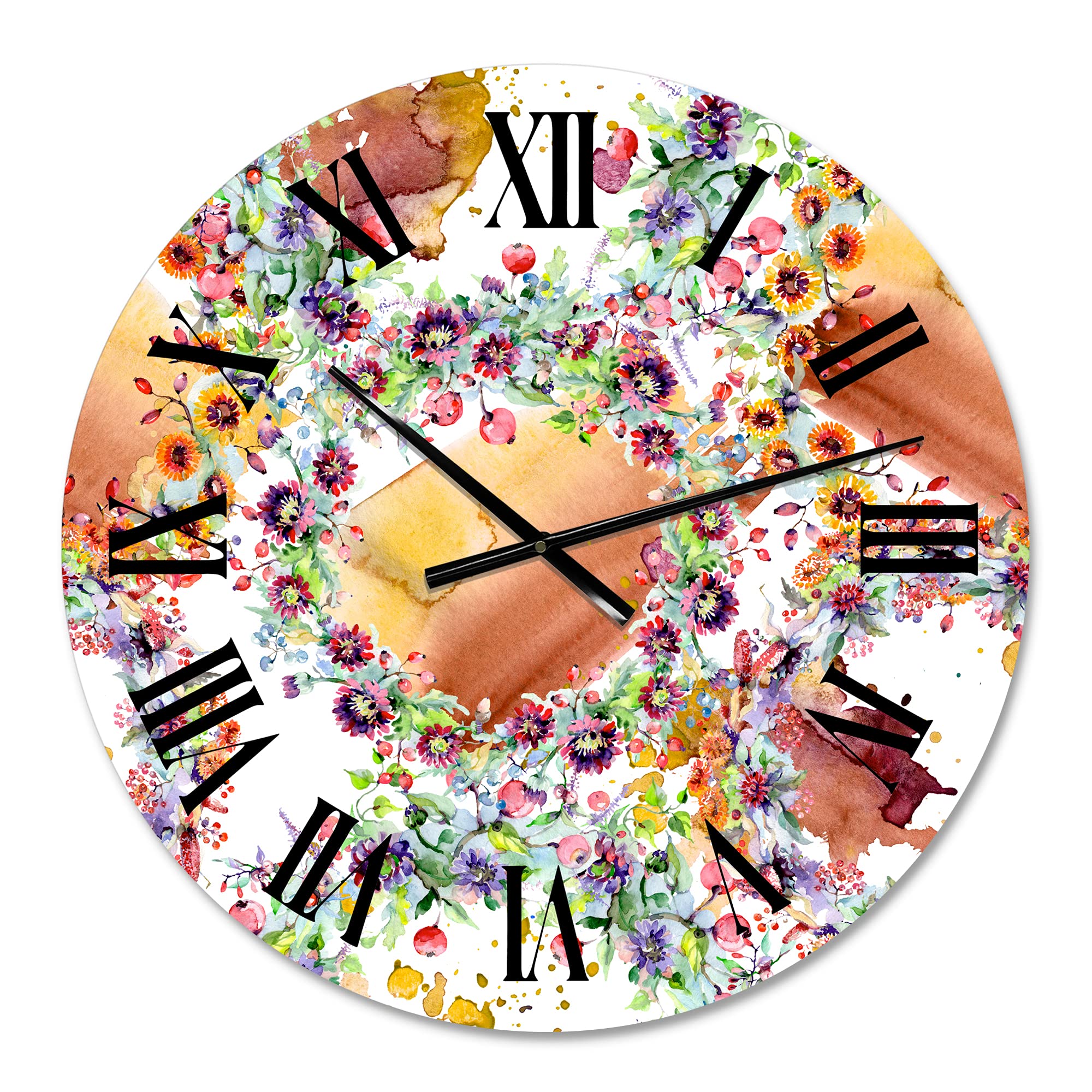 DesignQ Modern Wall Clock - Vibrant Wild Spring Leaves, Wildflowers & Berries Floral Botanical Large Wall Clock for Kitchen, Living Room, Bedroom Decor | Perfect for Home, Office & Farmhouse Style