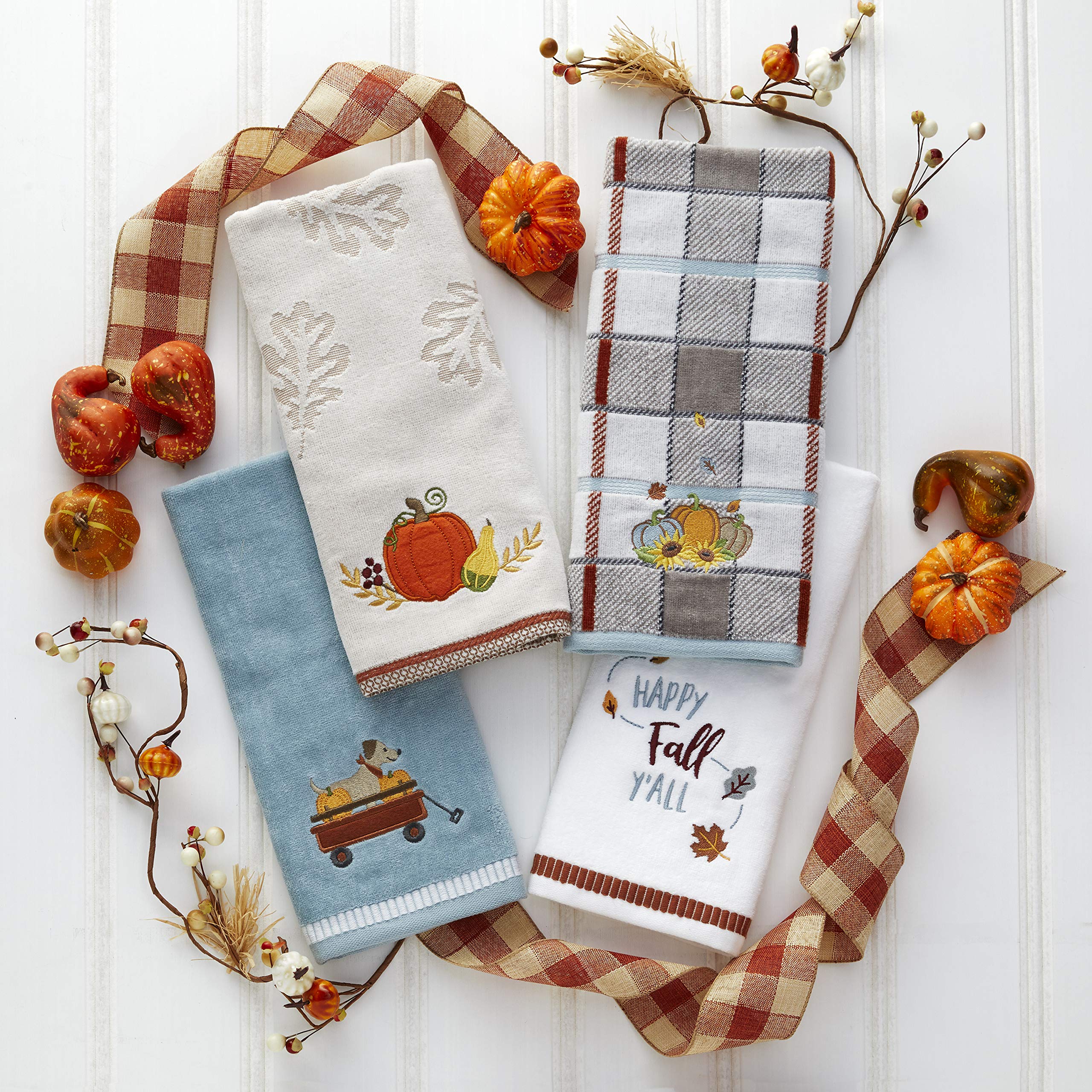 SKL Home Harvest Happy Fall Y'all Hand Towel Set - 2 Pack White 16x25 Inch Kitchen, Bath & Bar Towels - Perfect for Autumn Decor, Hostess Gifts & Seasonal Home Styling